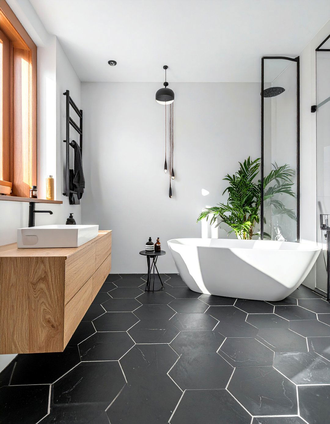 Black Hexagon Tile Bathroom Floor - 20 Black Floor Bathroom Ideas with White Walls