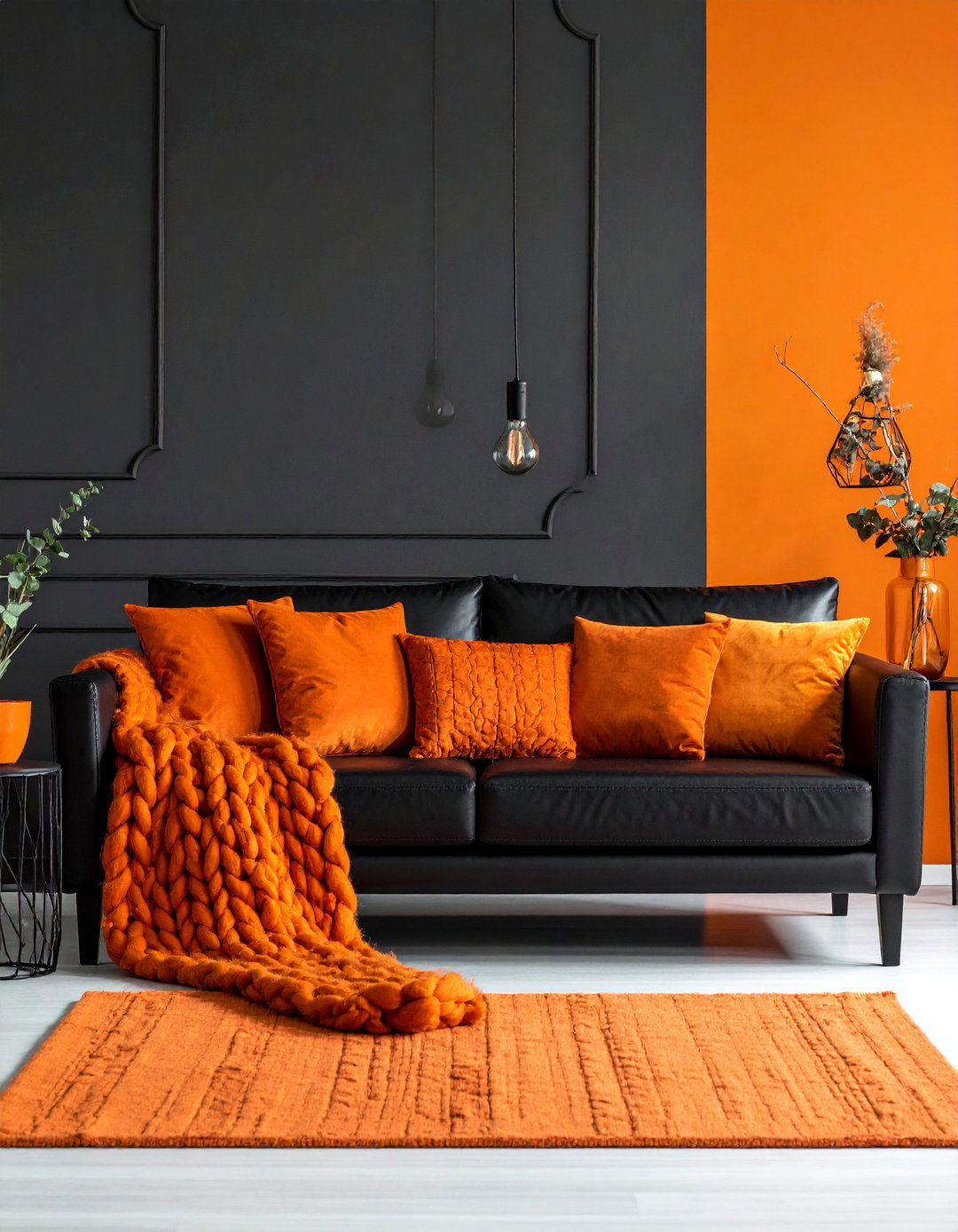 Black Leather Sofa in a Black and Orange Living Room - 20 Black and Orange Living Room Ideas for Bold Interiors
