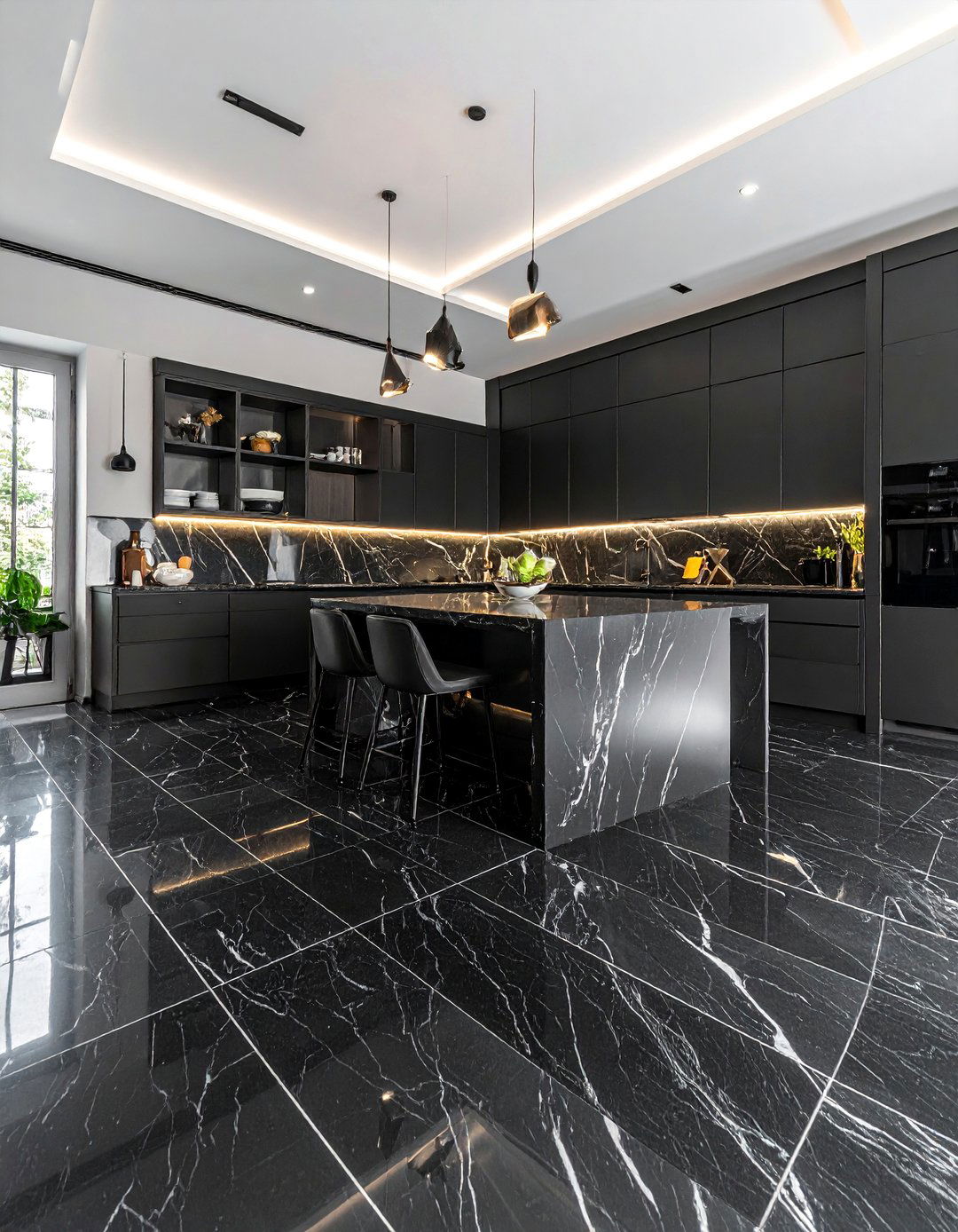 Black Marble Diamond Pattern Elegance - 20 Black Floor Kitchen Ideas for a Sleek and Modern Look