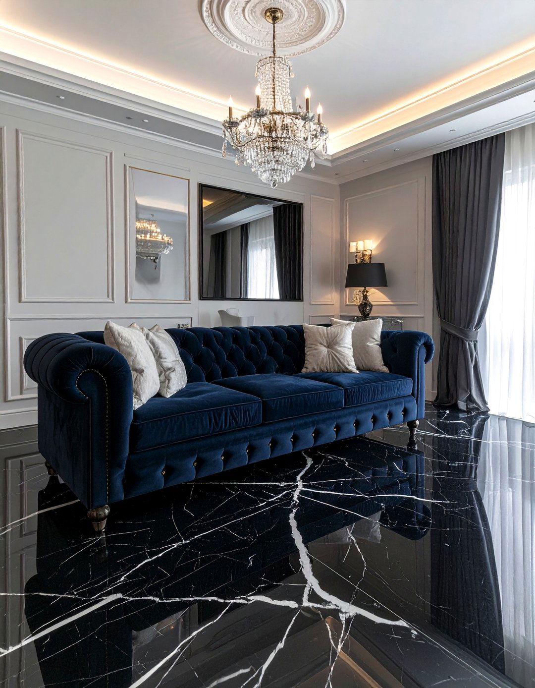 Black Marble Floor Living Room with White Veining - 25 Black Floor Living Room Ideas for a Dramatic Look