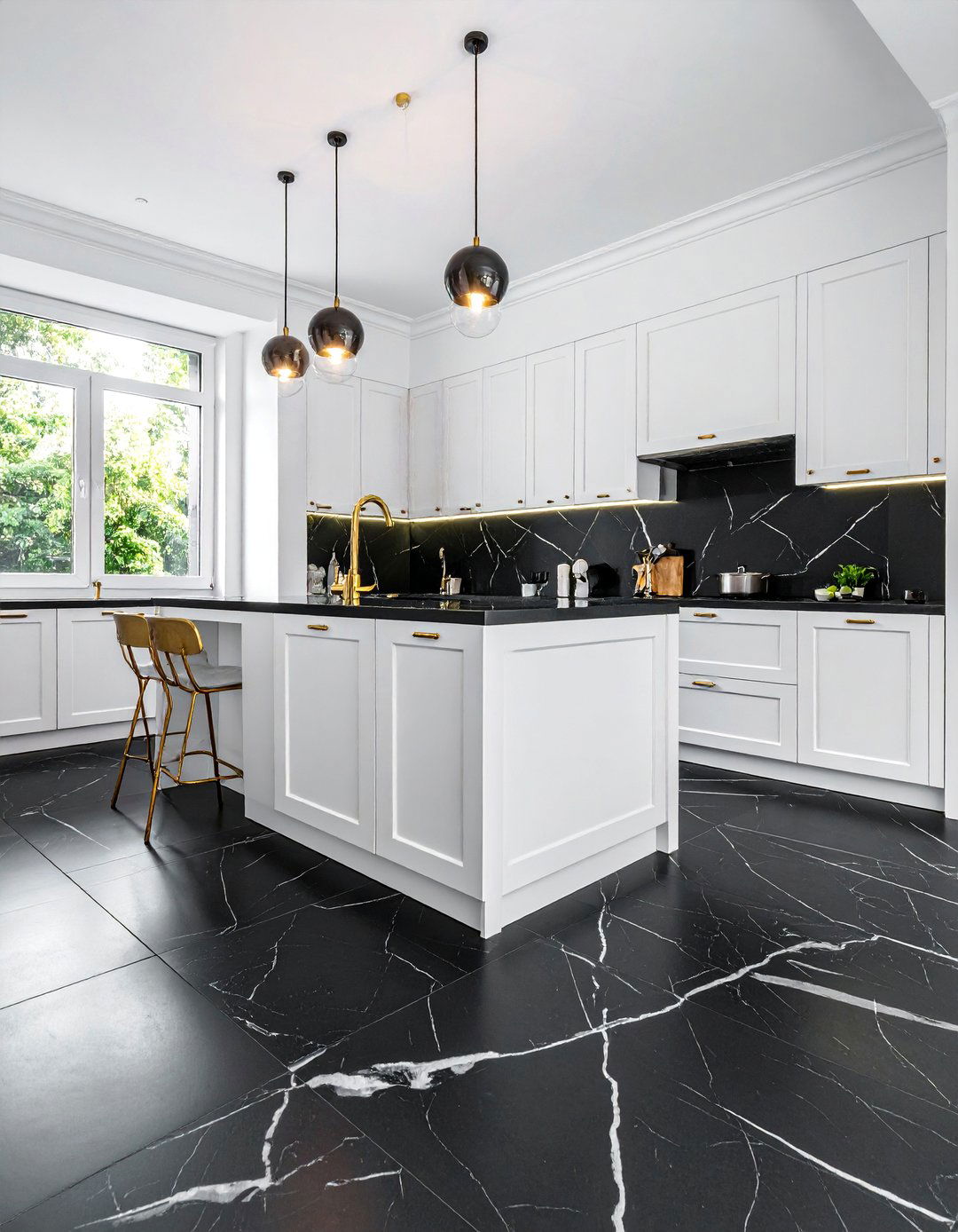 Black Marble Floors with White Cabinets - 20 Black Floor Kitchen Ideas for a Sleek and Modern Look