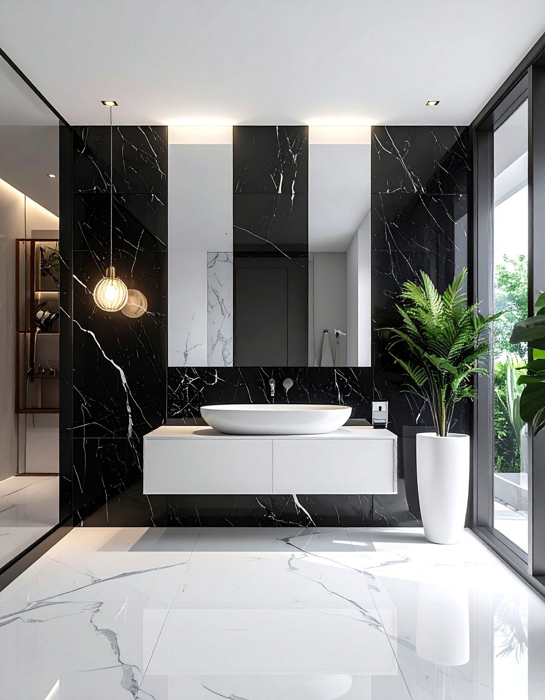 Black Marble Wall with Integrated White Sink - 20 Black and White Powder Room Ideas for Modern Homes