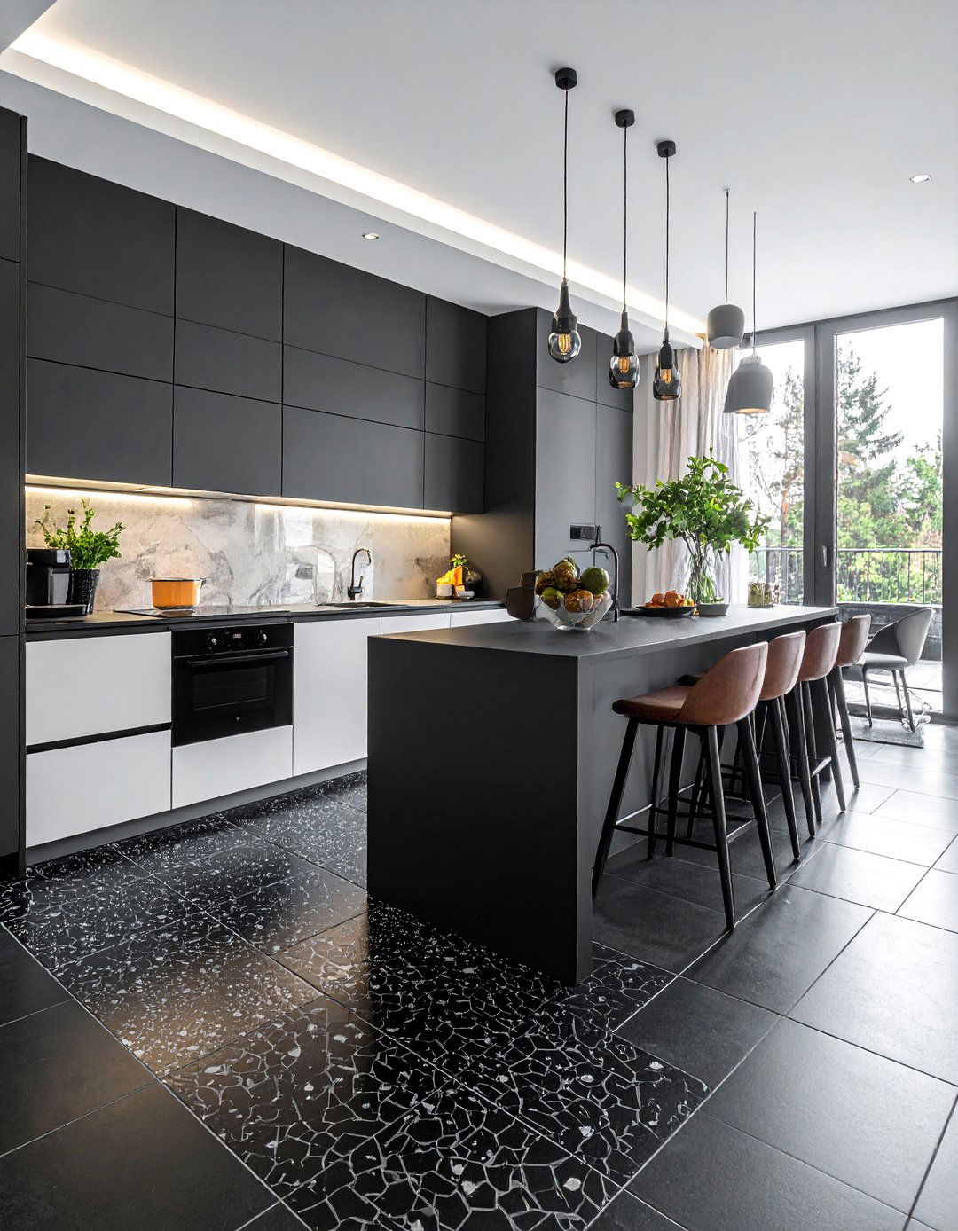 Black Mosaic Intricate Detail Work - 20 Black Floor Kitchen Ideas for a Sleek and Modern Look