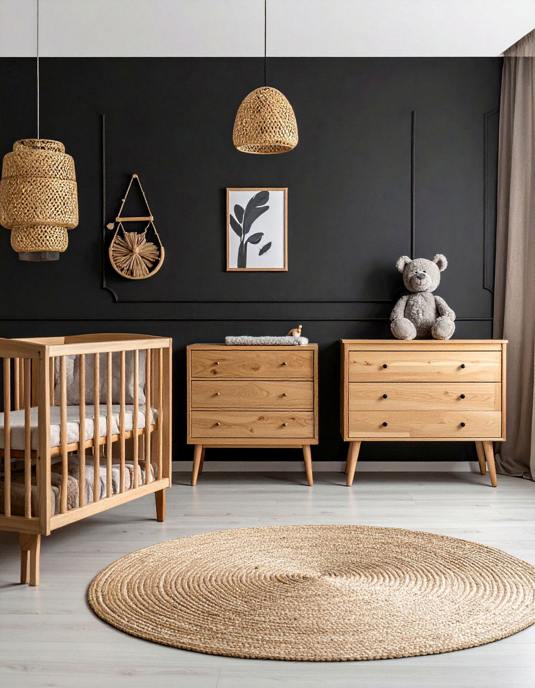 Black Nursery with Natural Wood Tones - 25 Black Nursery Ideas for a Modern Baby Room