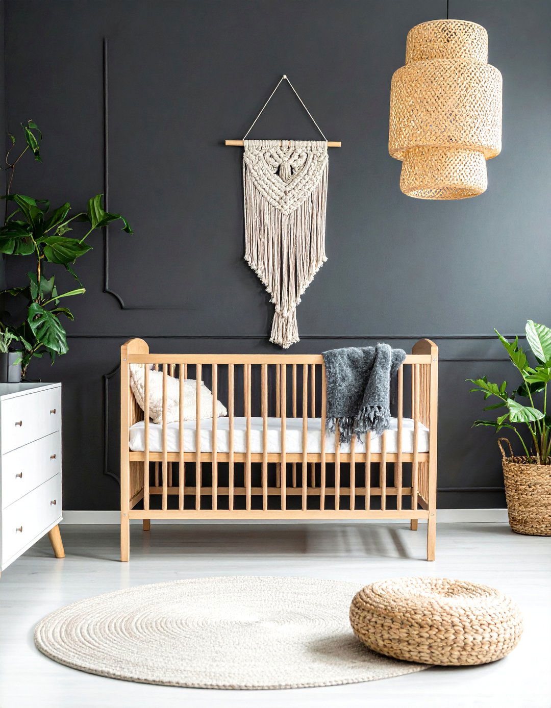 Black Nursery with Rattan and Boho Elements - 25 Black Nursery Ideas for a Modern Baby Room