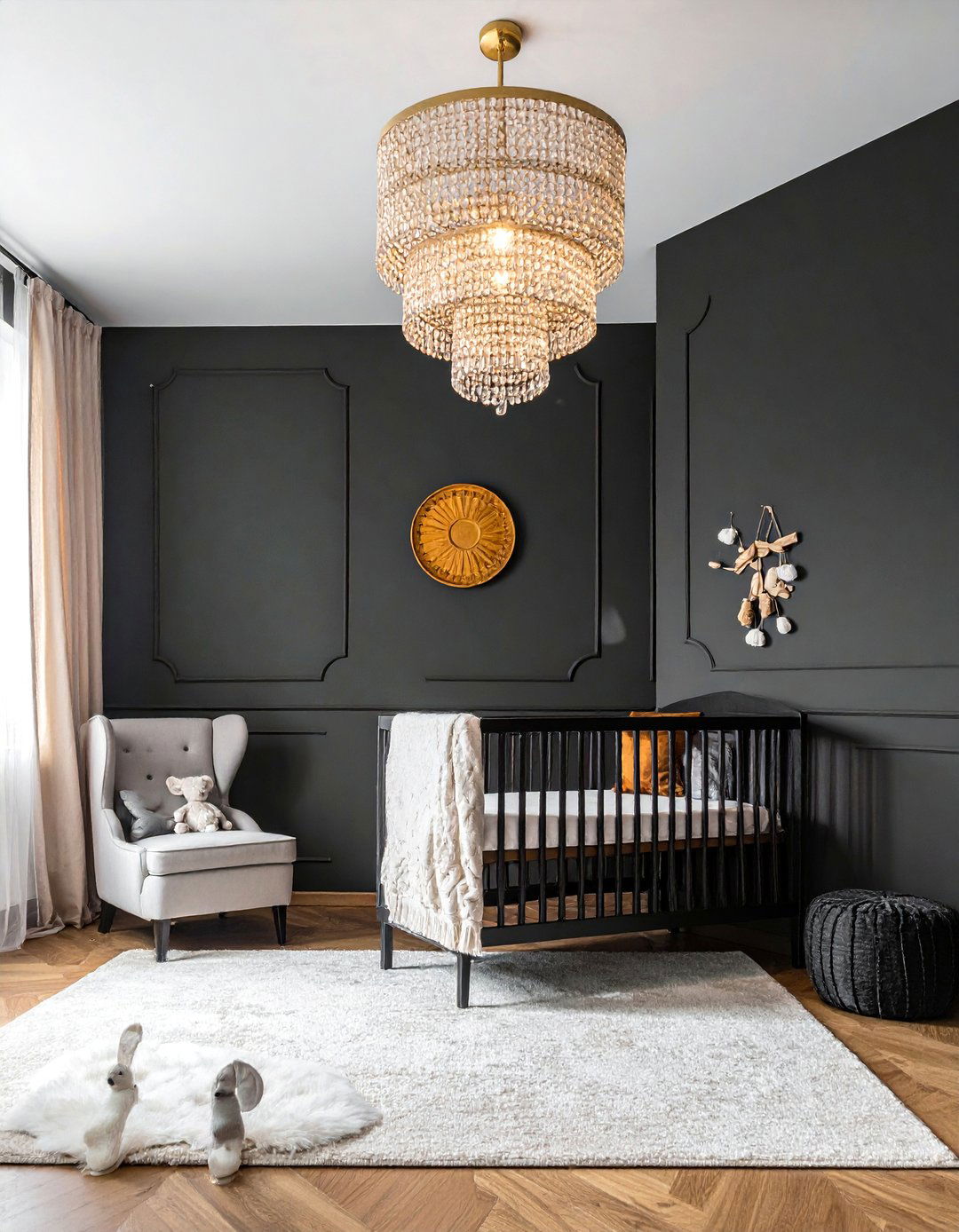 Black Nursery with a Statement Light Fixture - 25 Black Nursery Ideas for a Modern Baby Room