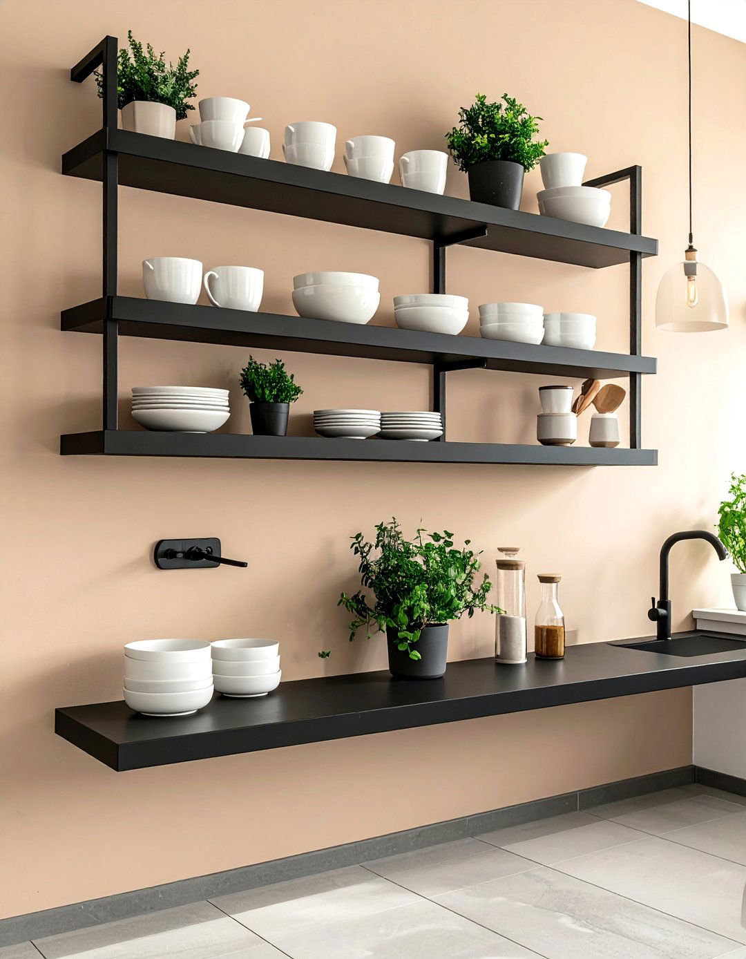 Black Open Shelving on a Beige Wall - 20 Black and Beige Kitchen Ideas for a Timeless Design