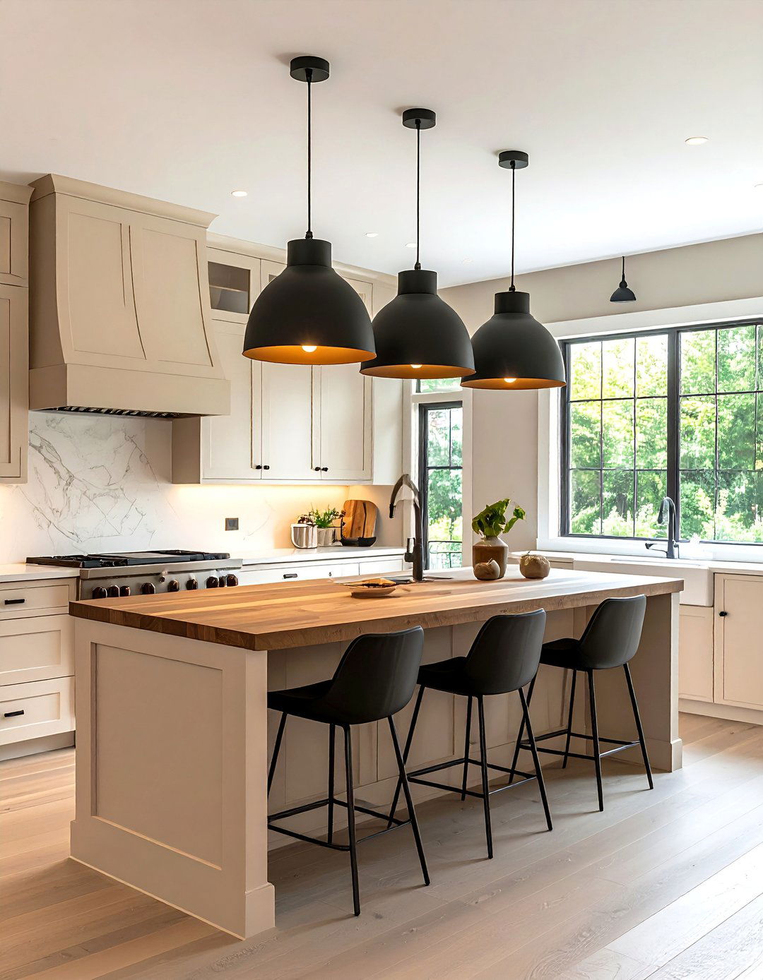 Black Pendant Lights Over a Beige Island - 20 Black and Beige Kitchen Ideas for a Timeless Design