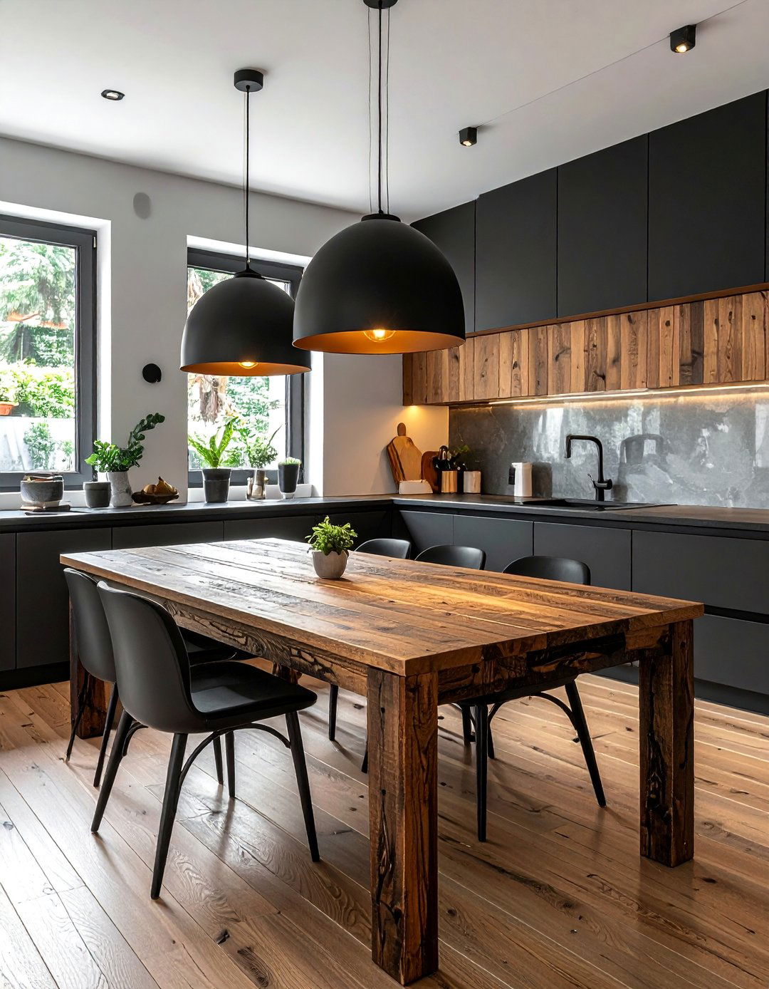 Black Pendant Lights Over a Brown Wood Dining Table - 20 Black and Brown Kitchen Ideas for a Warm Aesthetic