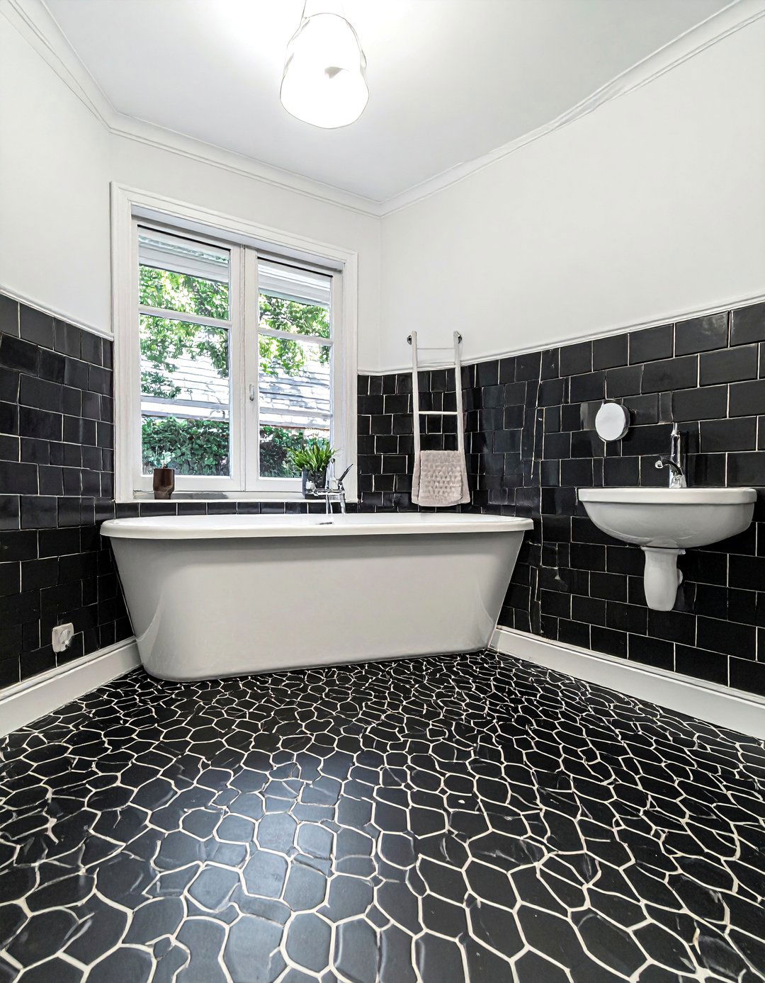 Black Penny Tiles with White Grout - 20 Black and White Powder Room Ideas for Modern Homes