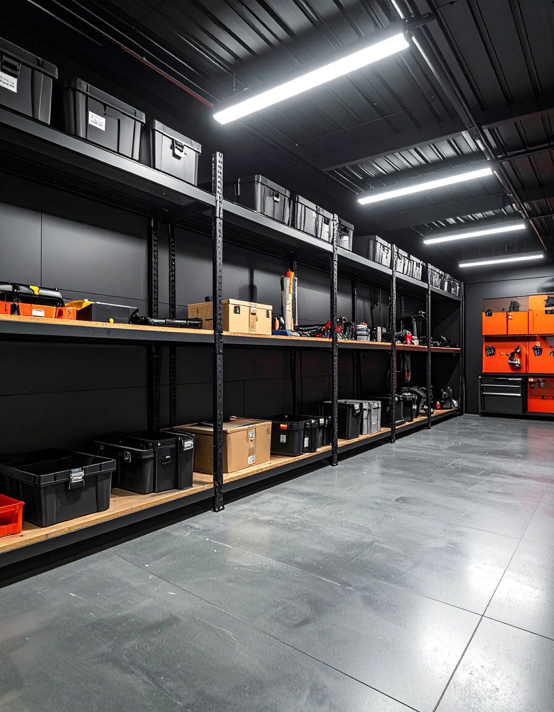 Black Powder Coated Metal Shelving - 25 Black Garage Ideas for a Stylish Utility Space