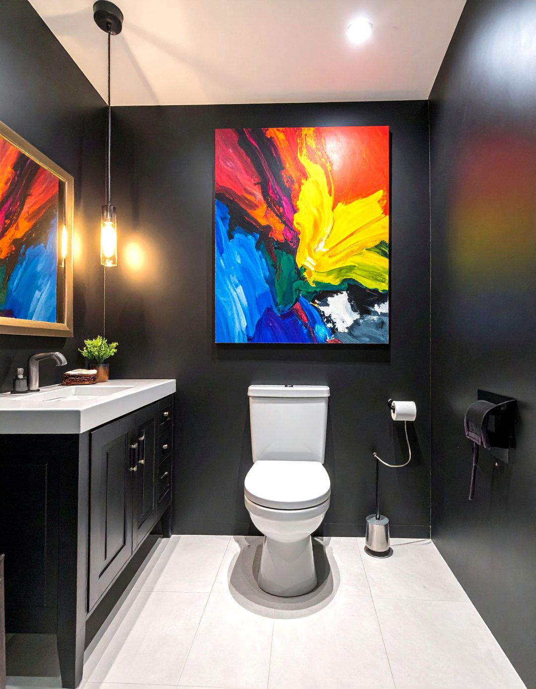 Black Powder Room with Abstract Art - 25 Black Powder Room Ideas for a Bold Statement