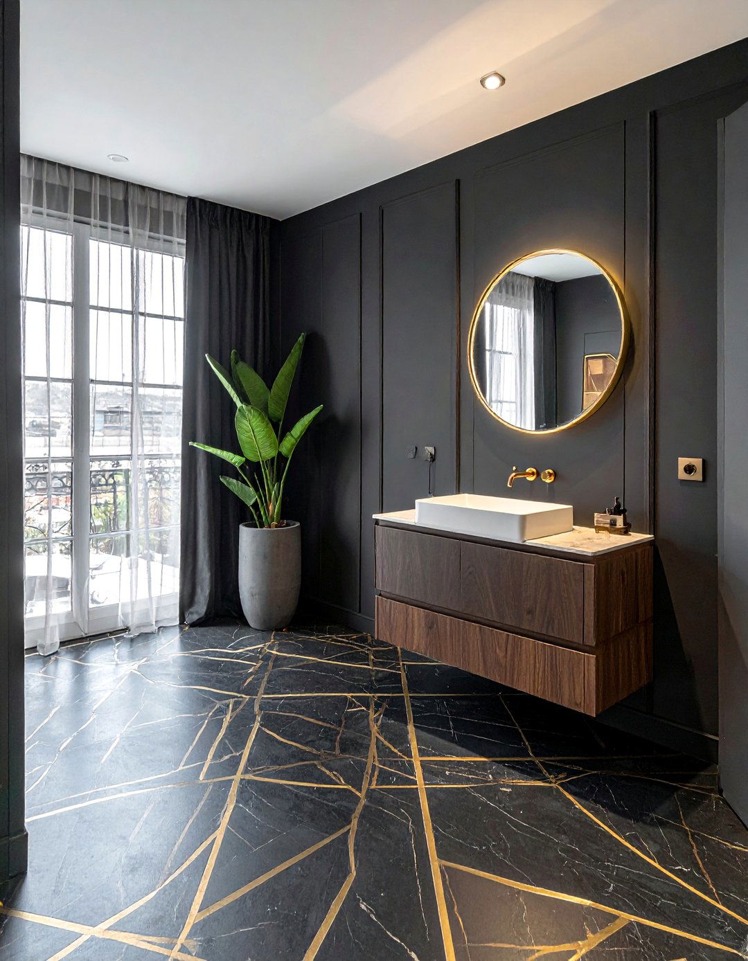 Black Powder Room with Brass Inlay Details - 25 Black Powder Room Ideas for a Bold Statement