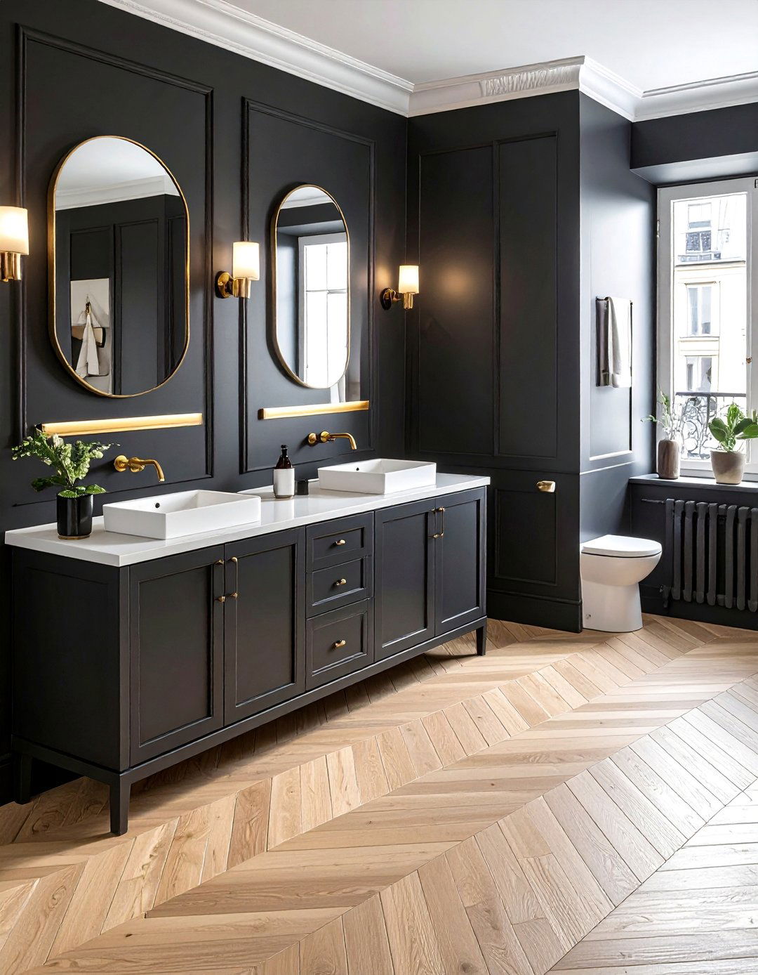 Black Powder Room with Chevron Wood Flooring - 25 Black Powder Room Ideas for a Bold Statement