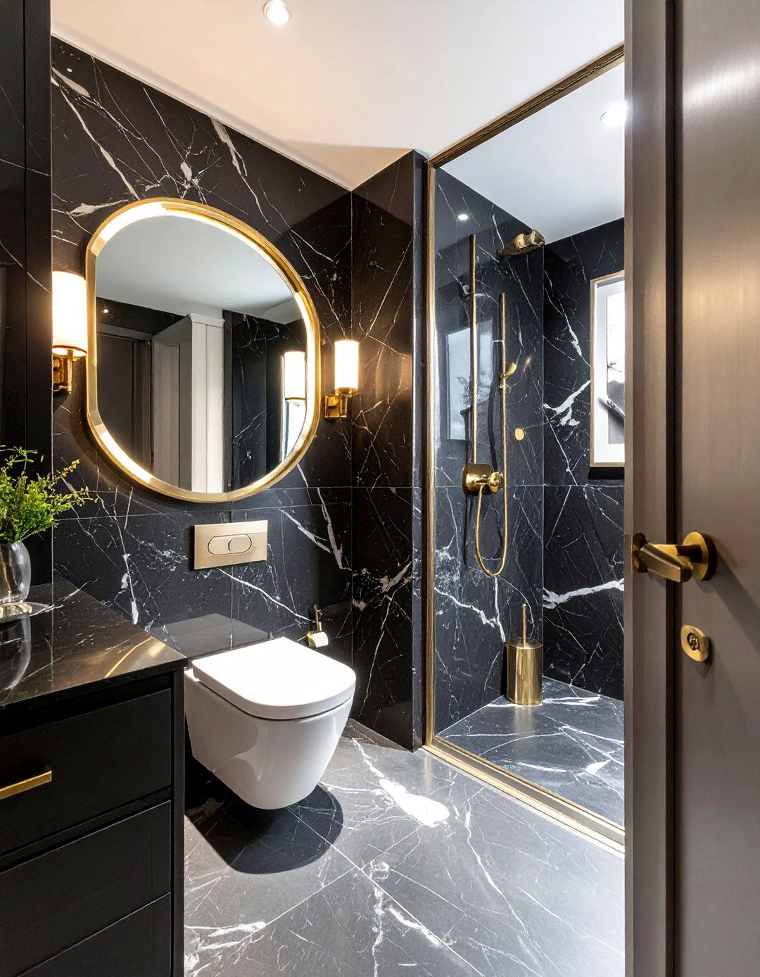 Black Powder Room with Floor to Ceiling Marble - 25 Black Powder Room Ideas for a Bold Statement