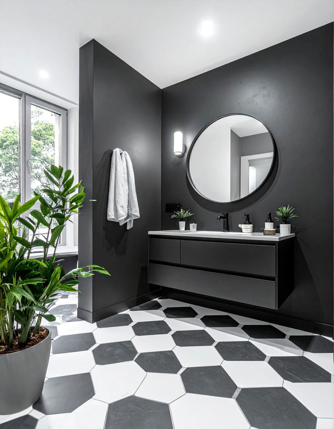 Black Powder Room with Geometric Tile Flooring - 25 Black Powder Room Ideas for a Bold Statement