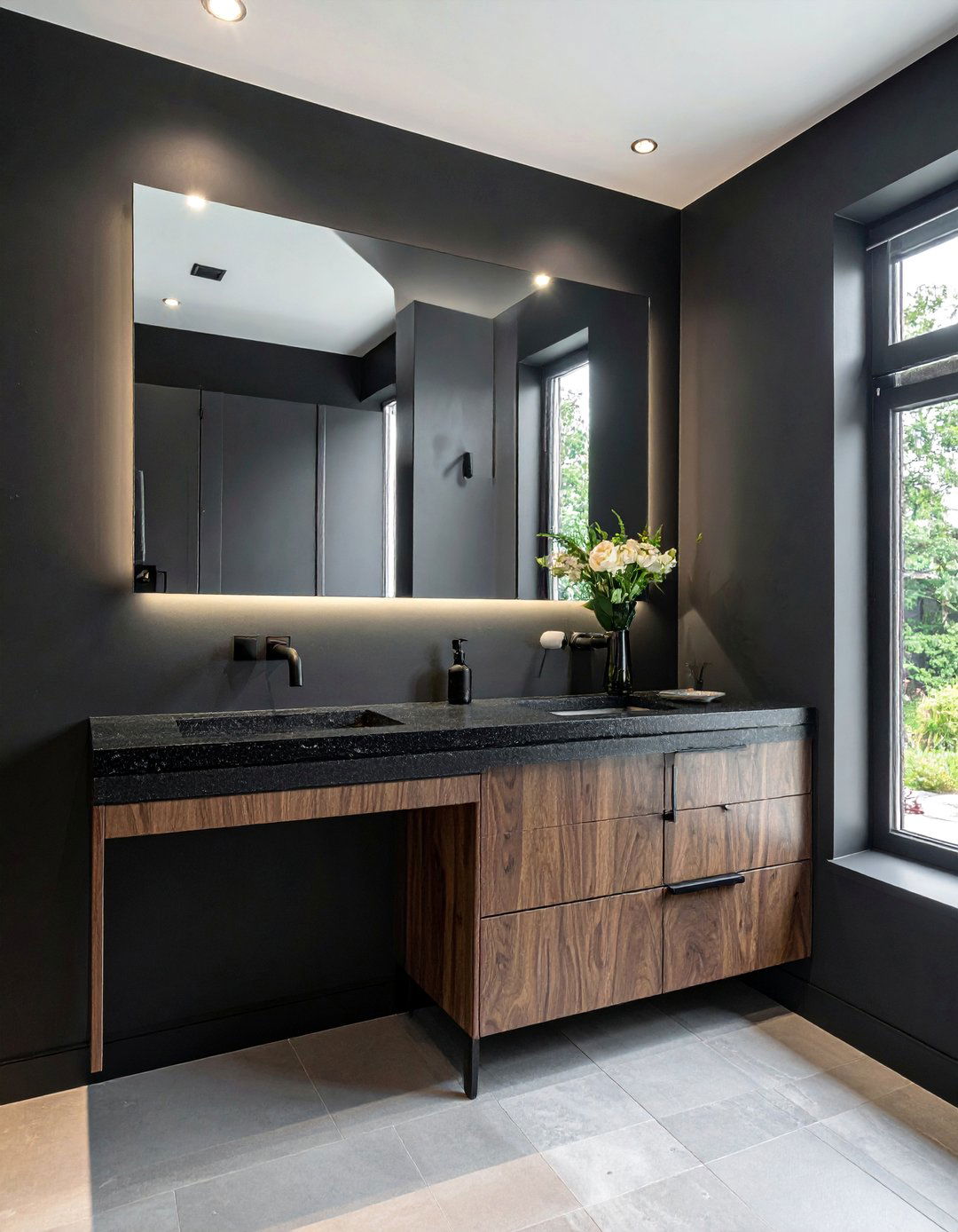 Black Powder Room with Leathered Granite Countertop - 25 Black Powder Room Ideas for a Bold Statement