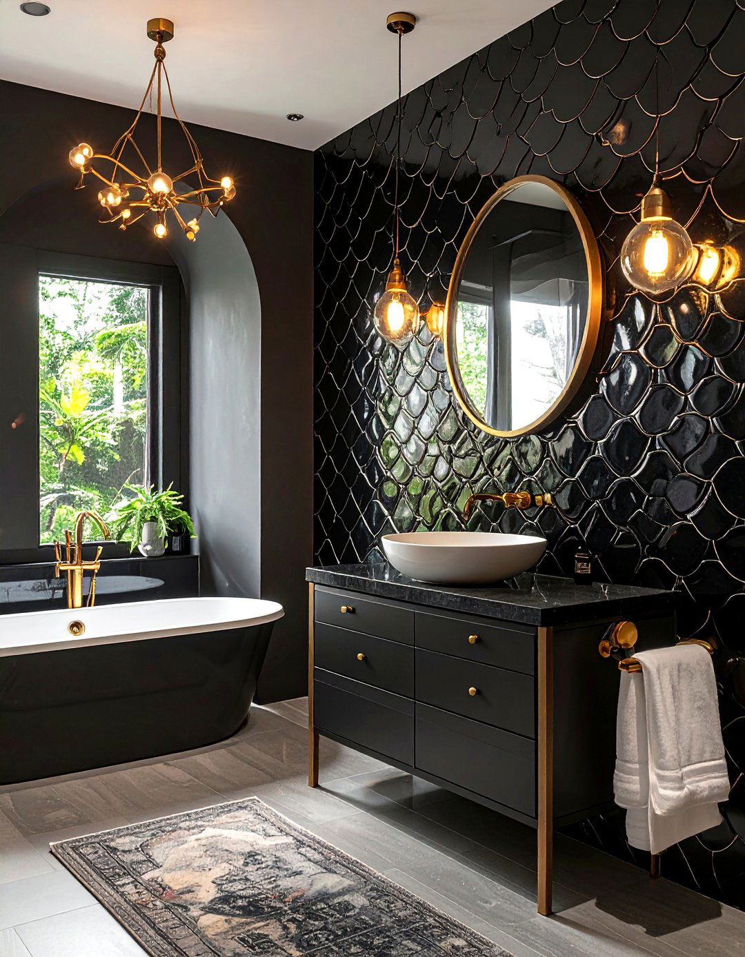 Black Powder Room with Moroccan Fish Scale Tiles - 25 Black Powder Room Ideas for a Bold Statement