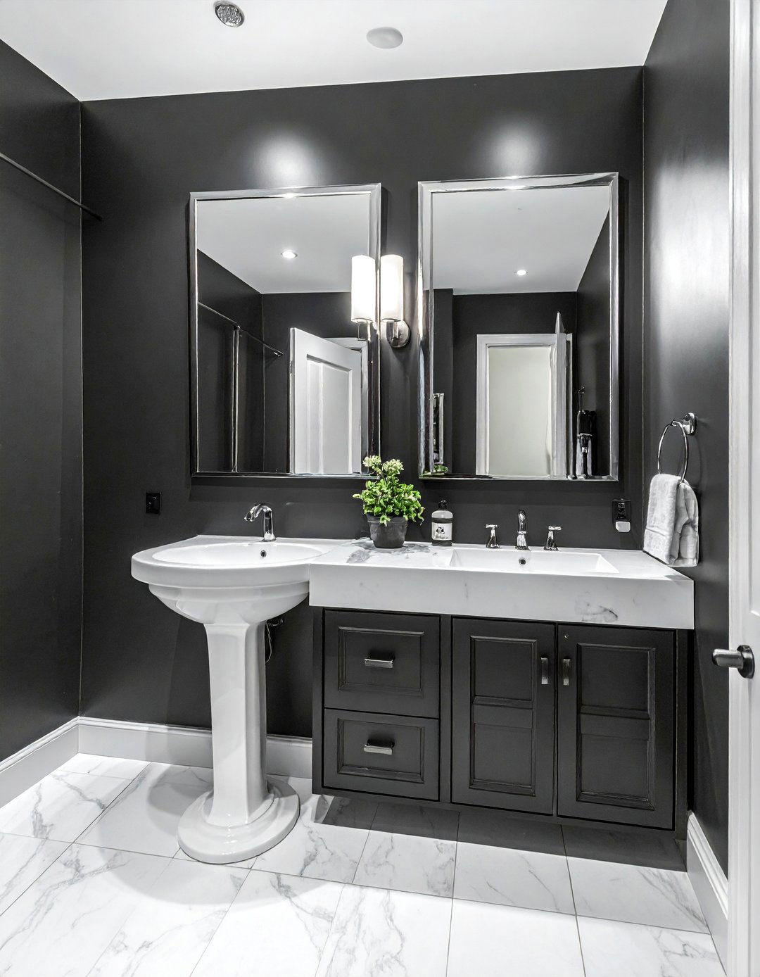 Black Powder Room with Polished Chrome Fixtures - 25 Black Powder Room Ideas for a Bold Statement
