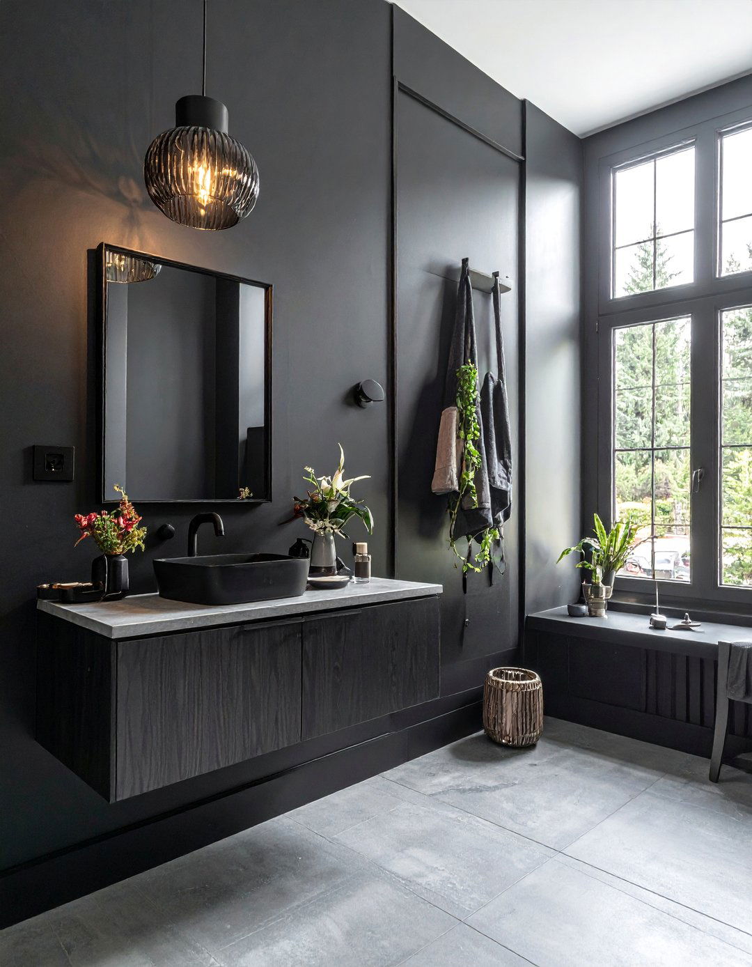 Black Powder Room with Smoked Glass Elements - 25 Black Powder Room Ideas for a Bold Statement