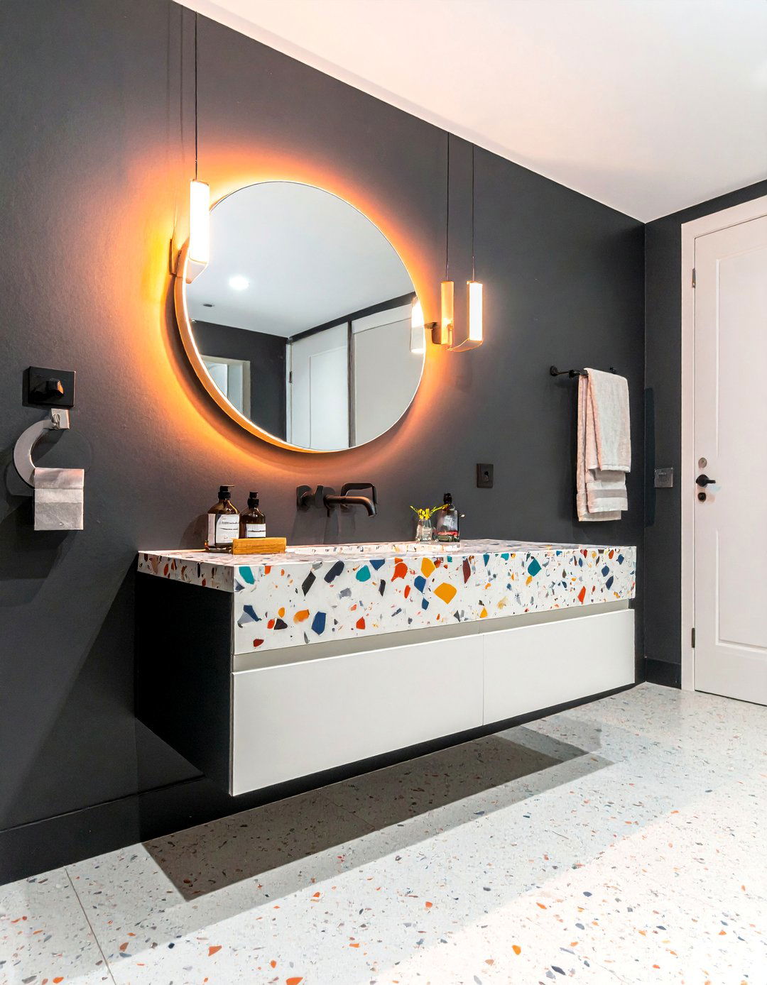 Black Powder Room with Terrazzo Surfaces - 25 Black Powder Room Ideas for a Bold Statement