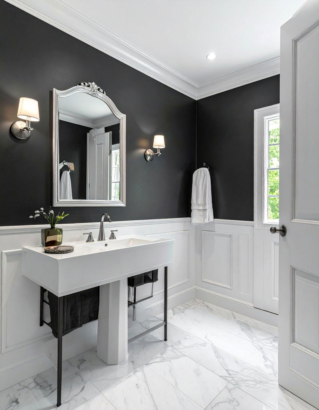 Black Powder Room with Wainscoting - 25 Black Powder Room Ideas for a Bold Statement