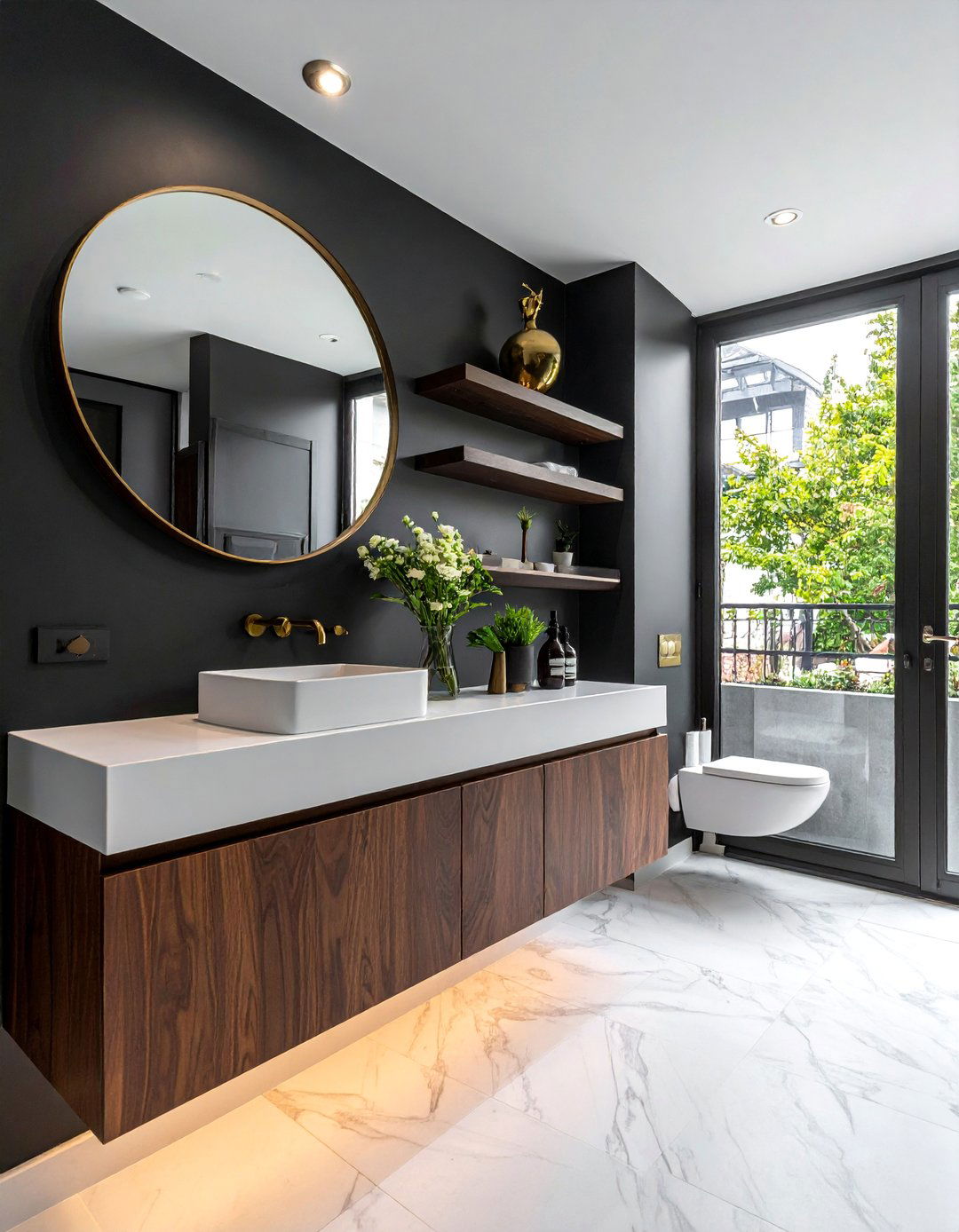 Black Powder Room with Warm Wood Accents - 25 Black Powder Room Ideas for a Bold Statement