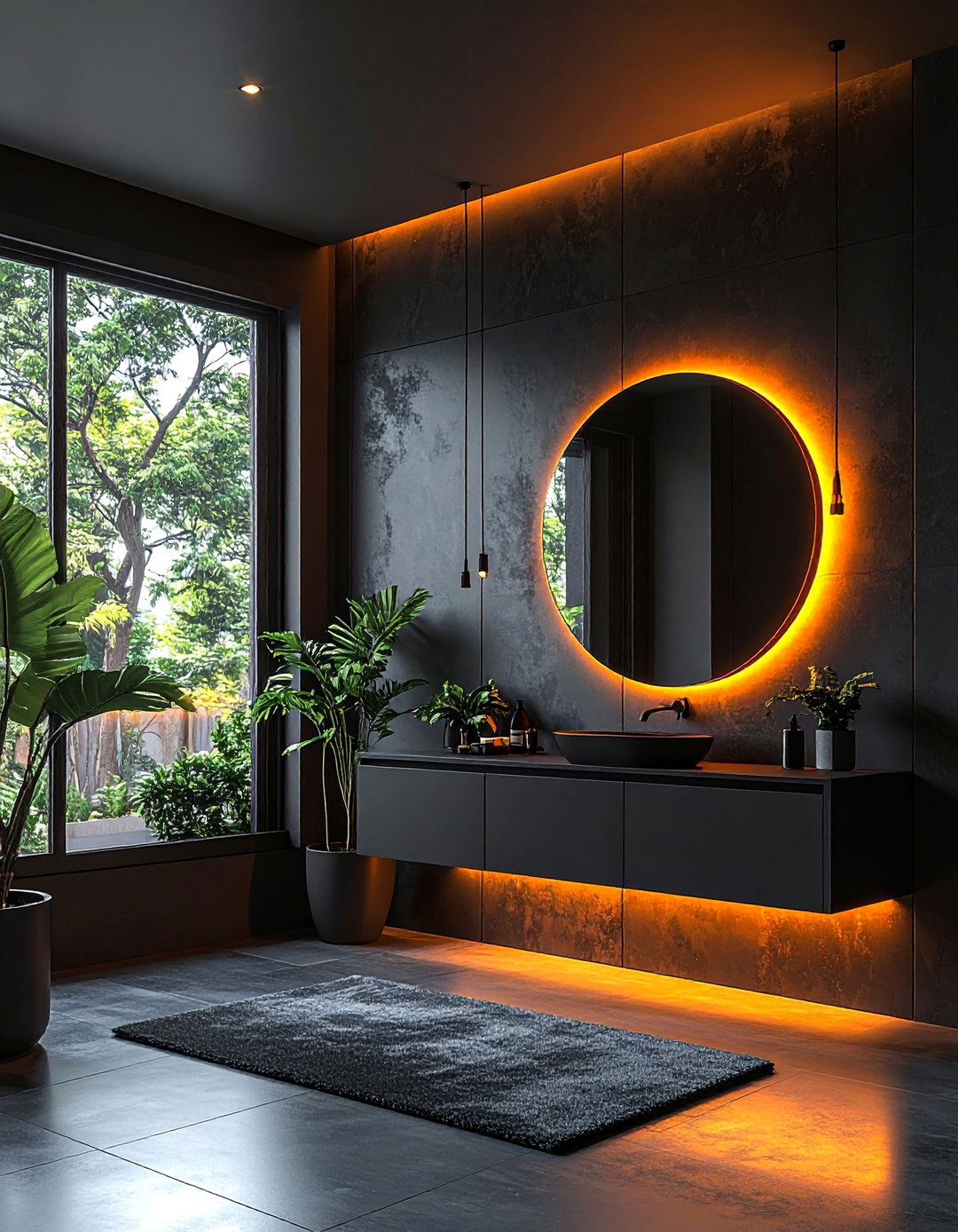 Black Powder Room with a Backlit Mirror - 25 Black Powder Room Ideas for a Bold Statement