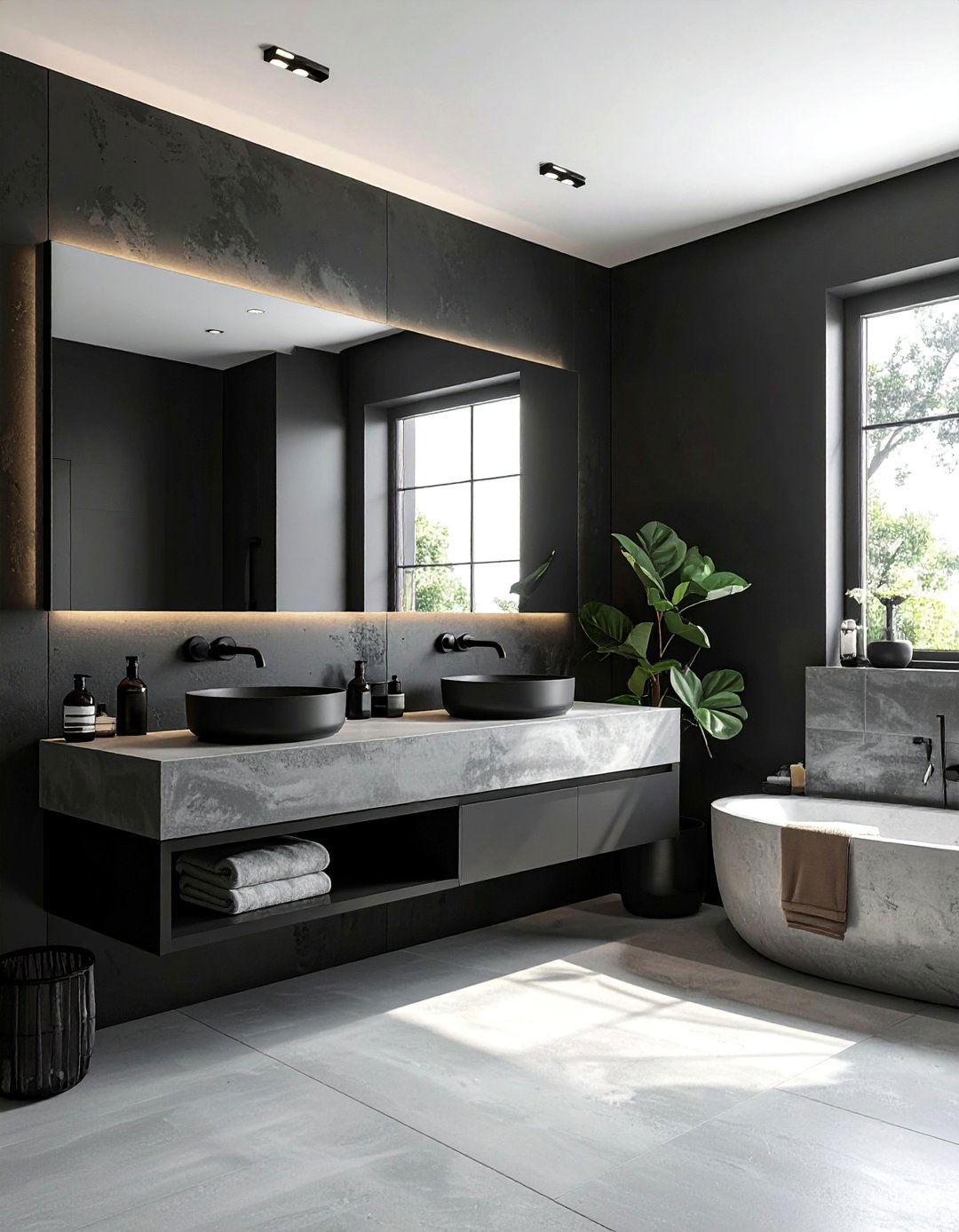 Black Powder Room with a Concrete Countertop - 25 Black Powder Room Ideas for a Bold Statement