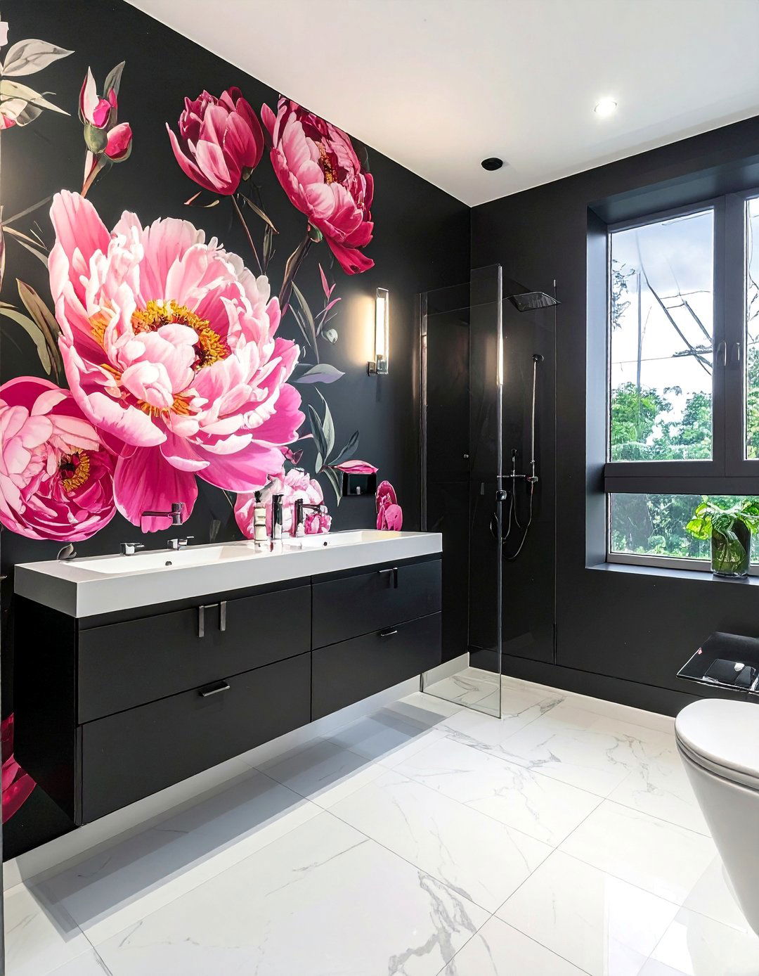 Black Powder Room with a Dramatic Floral Wallpaper - 25 Black Powder Room Ideas for a Bold Statement
