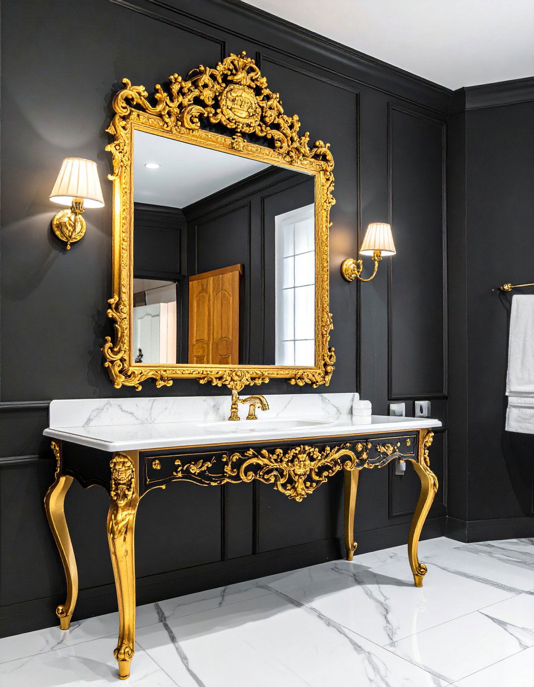 Black Powder Room with a Gilded Ornate Mirror - 25 Black Powder Room Ideas for a Bold Statement