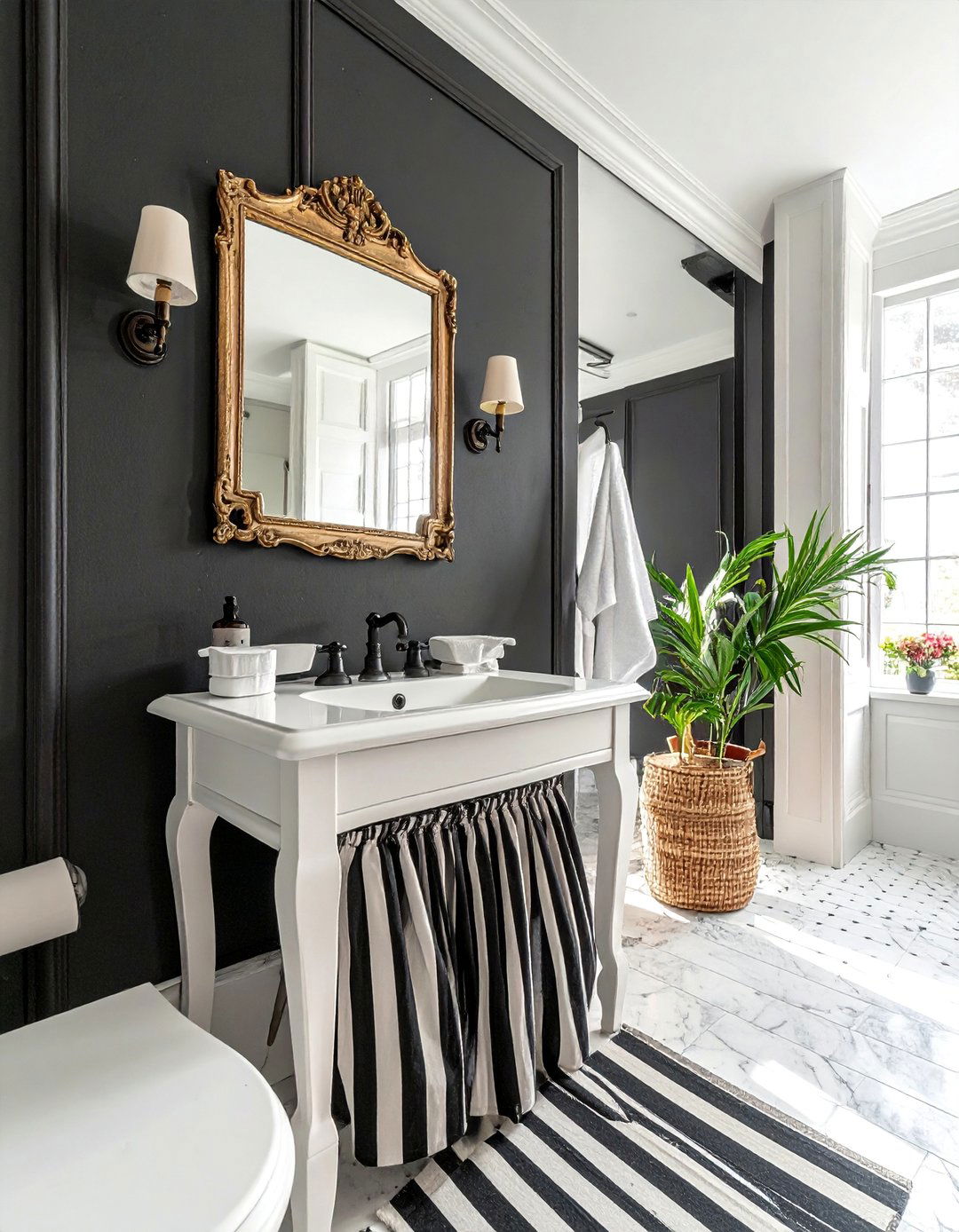 Black Powder Room with a Skirted Sink - 25 Black Powder Room Ideas for a Bold Statement