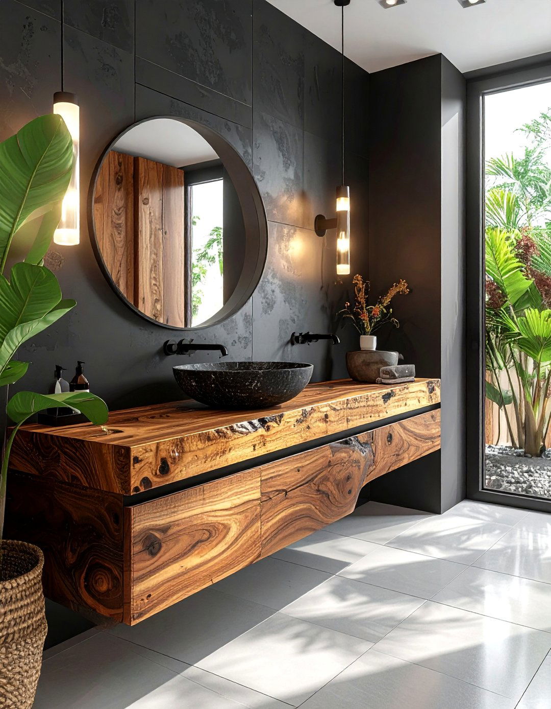 Black Powder Room with a Vessel Sink on a Live Edge Counter - 25 Black Powder Room Ideas for a Bold Statement