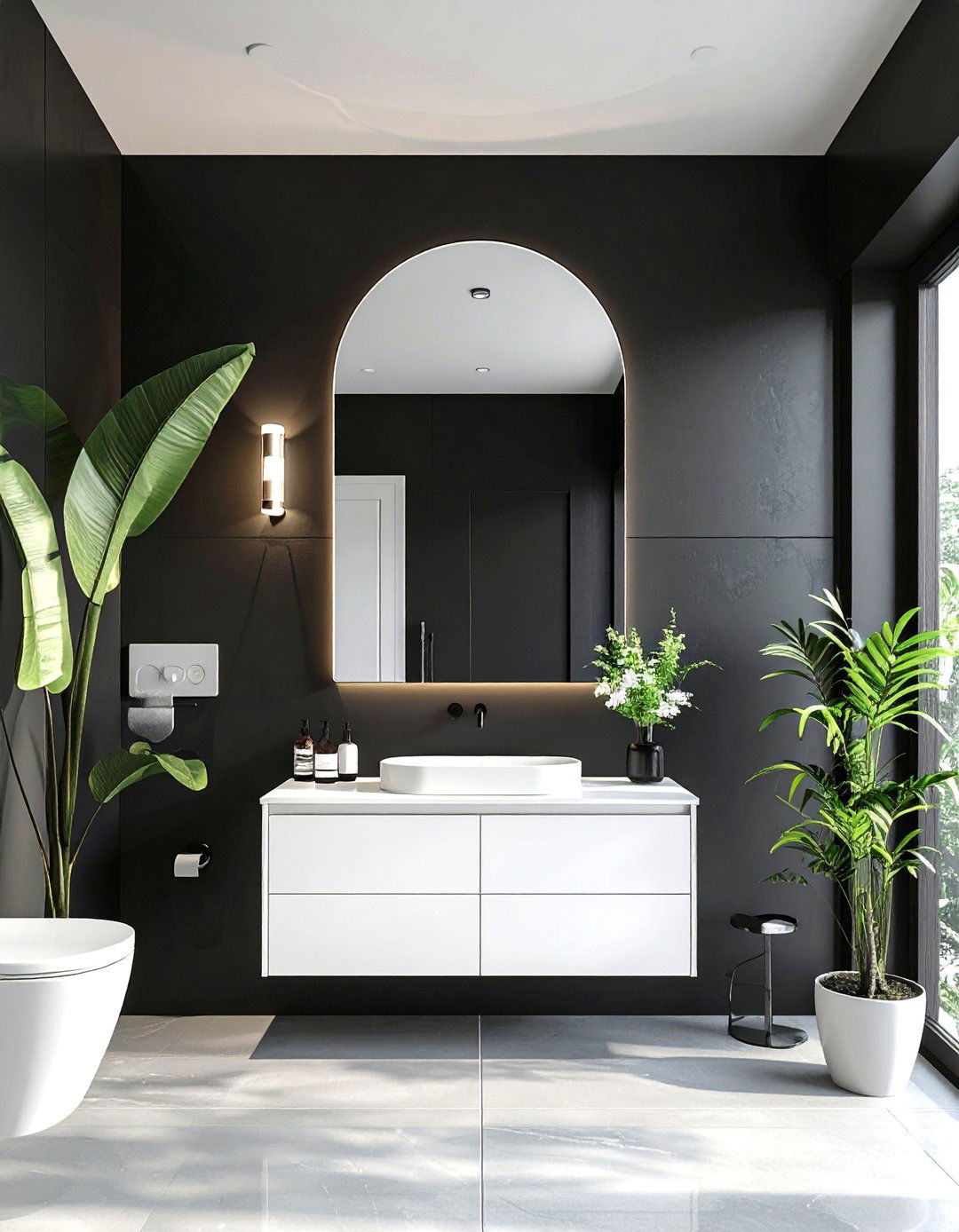 Black Powder Room with an Arched Mirror - 25 Black Powder Room Ideas for a Bold Statement