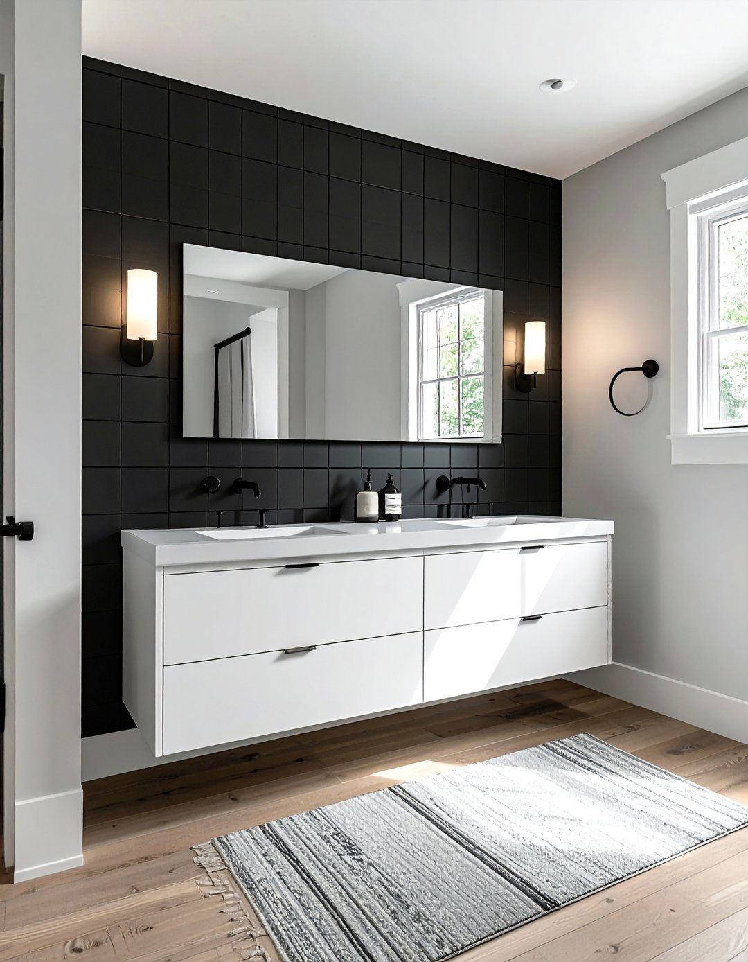 Black Shiplap Accent Wall with White Fixtures - 20 Black and White Powder Room Ideas for Modern Homes