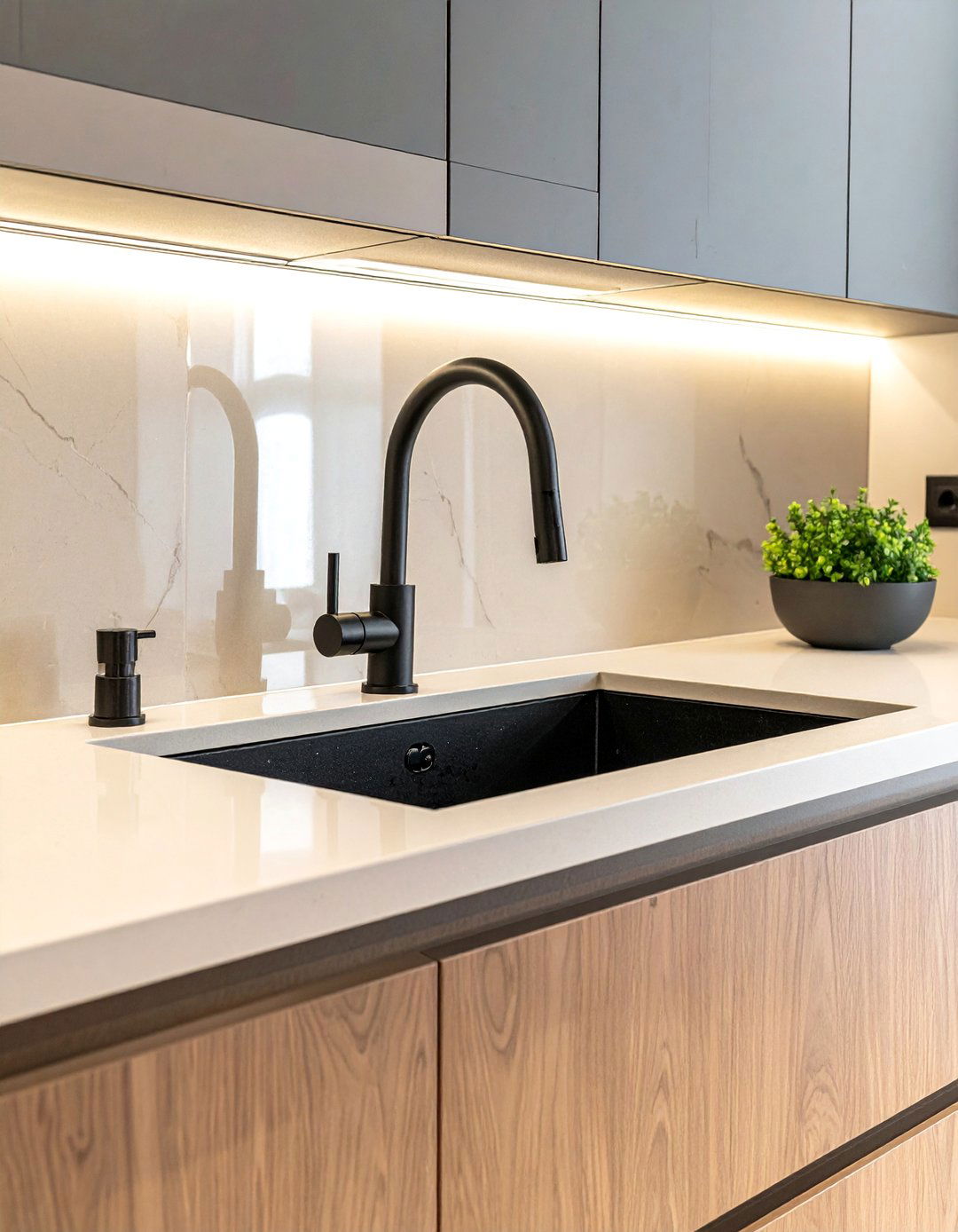Black Sink and Faucet Combination - 20 Black and Beige Kitchen Ideas for a Timeless Design