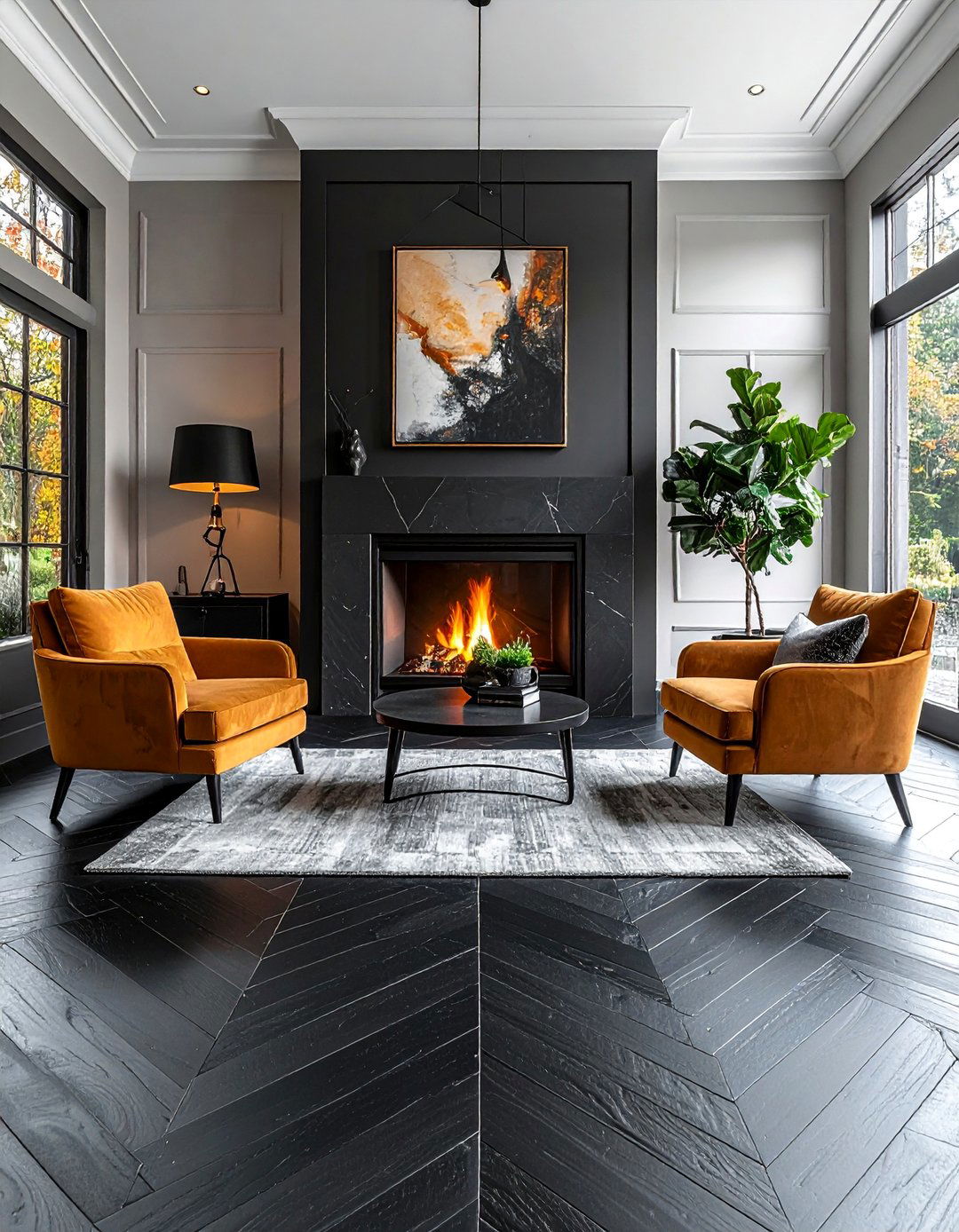 Black Slate Floor in a Herringbone Pattern - 25 Black Floor Living Room Ideas for a Dramatic Look