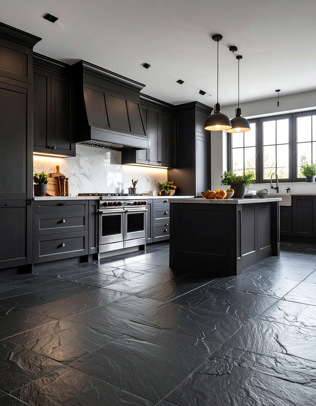 Black Slate Natural Texture Appeal - 20 Black Floor Kitchen Ideas for a Sleek and Modern Look