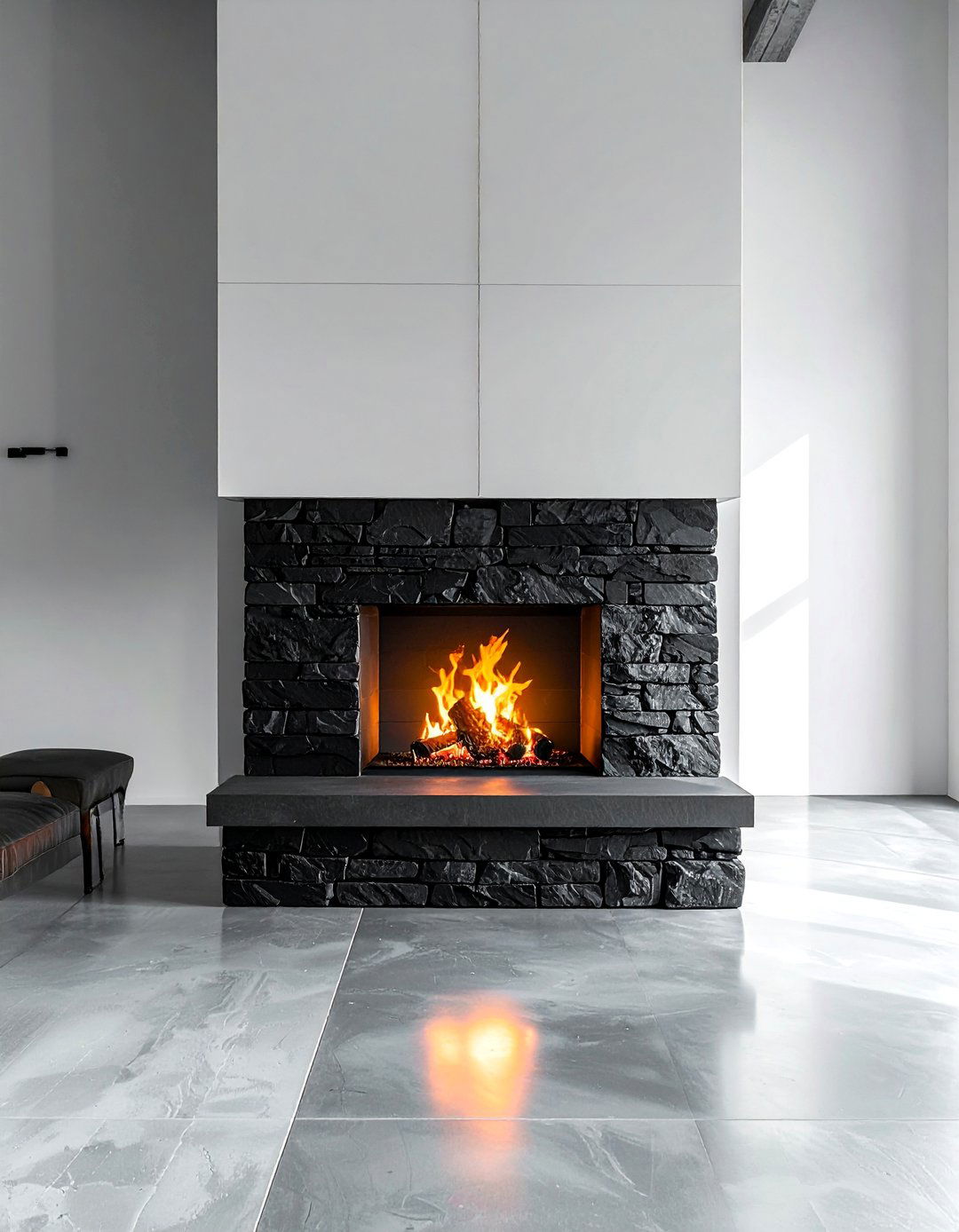 Black Stacked Stone Fireplace for a Dramatic Statement - 25 Stunning Stacked Stone Fireplace Design Ideas