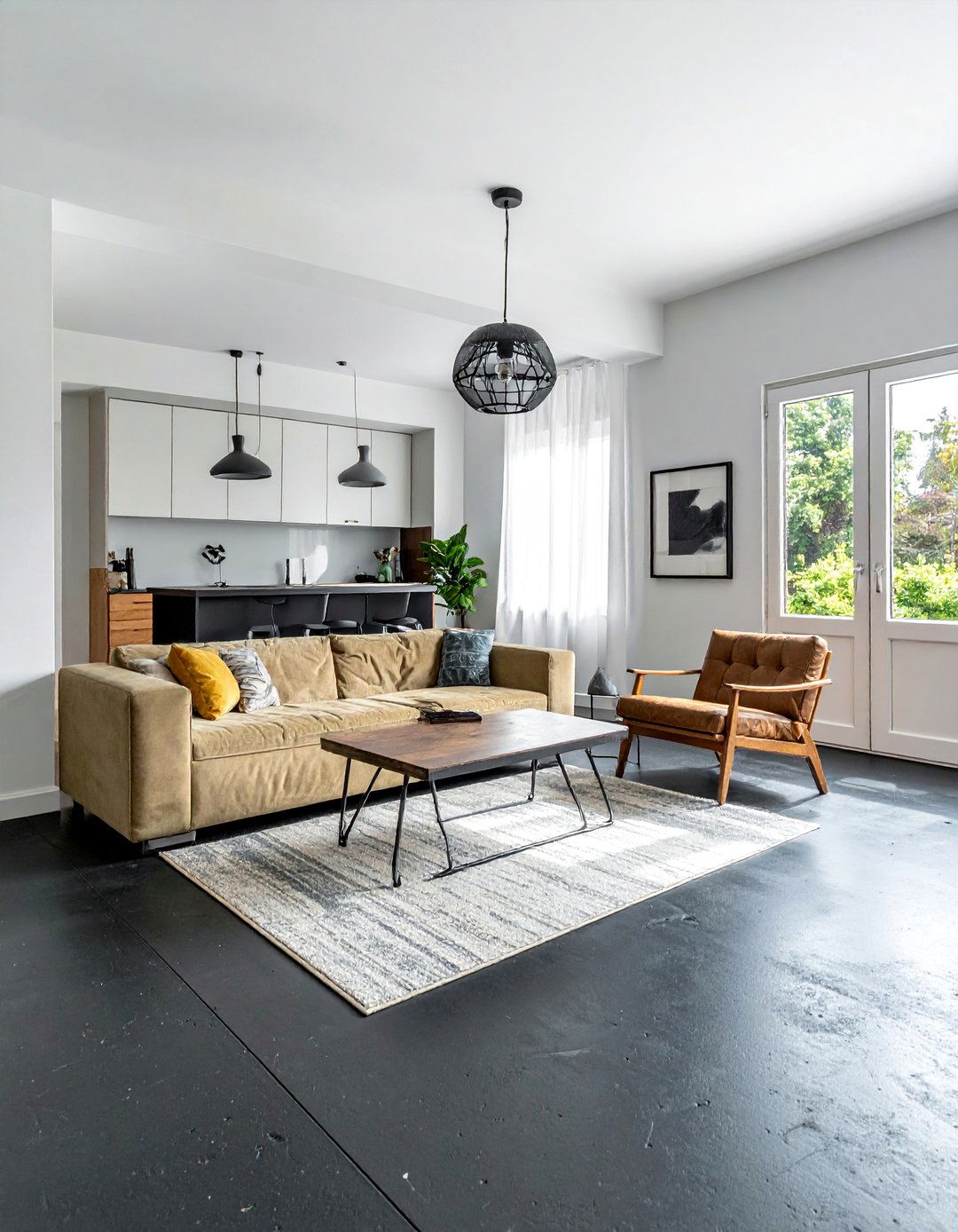 Black Stained Concrete Floor with Exposed Aggregate - 25 Black Floor Living Room Ideas for a Dramatic Look