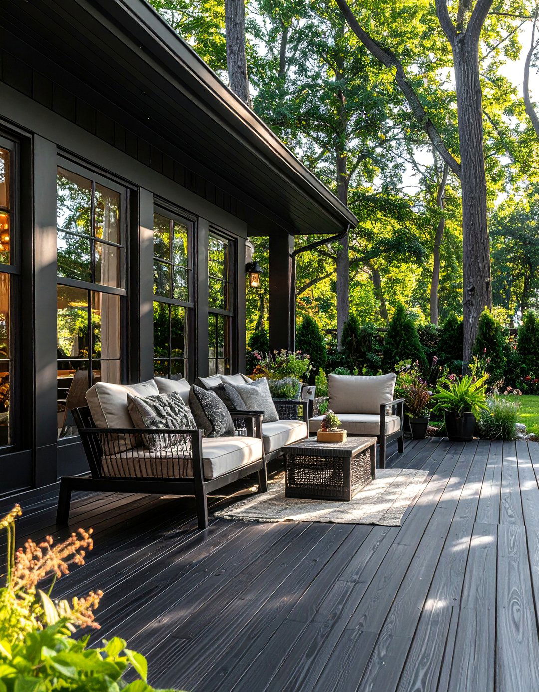 Black Stained Wood Porch Deck - 15 Black Porch Ideas to Elevate Your Outdoor Space