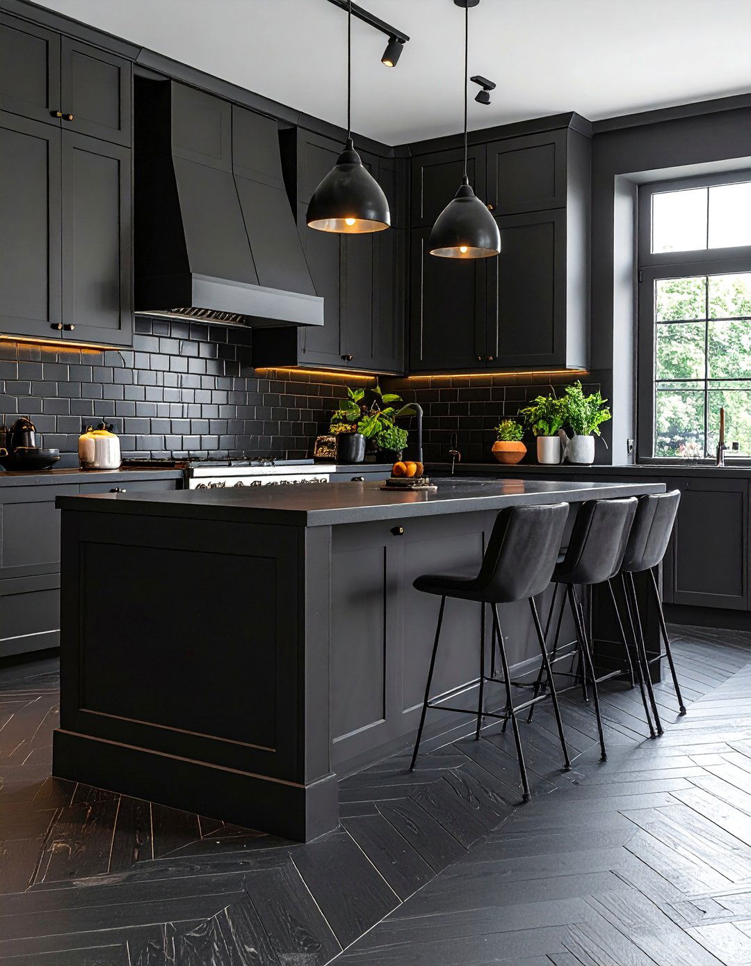 Black Subway Tile Pattern Innovation - 20 Black Floor Kitchen Ideas for a Sleek and Modern Look