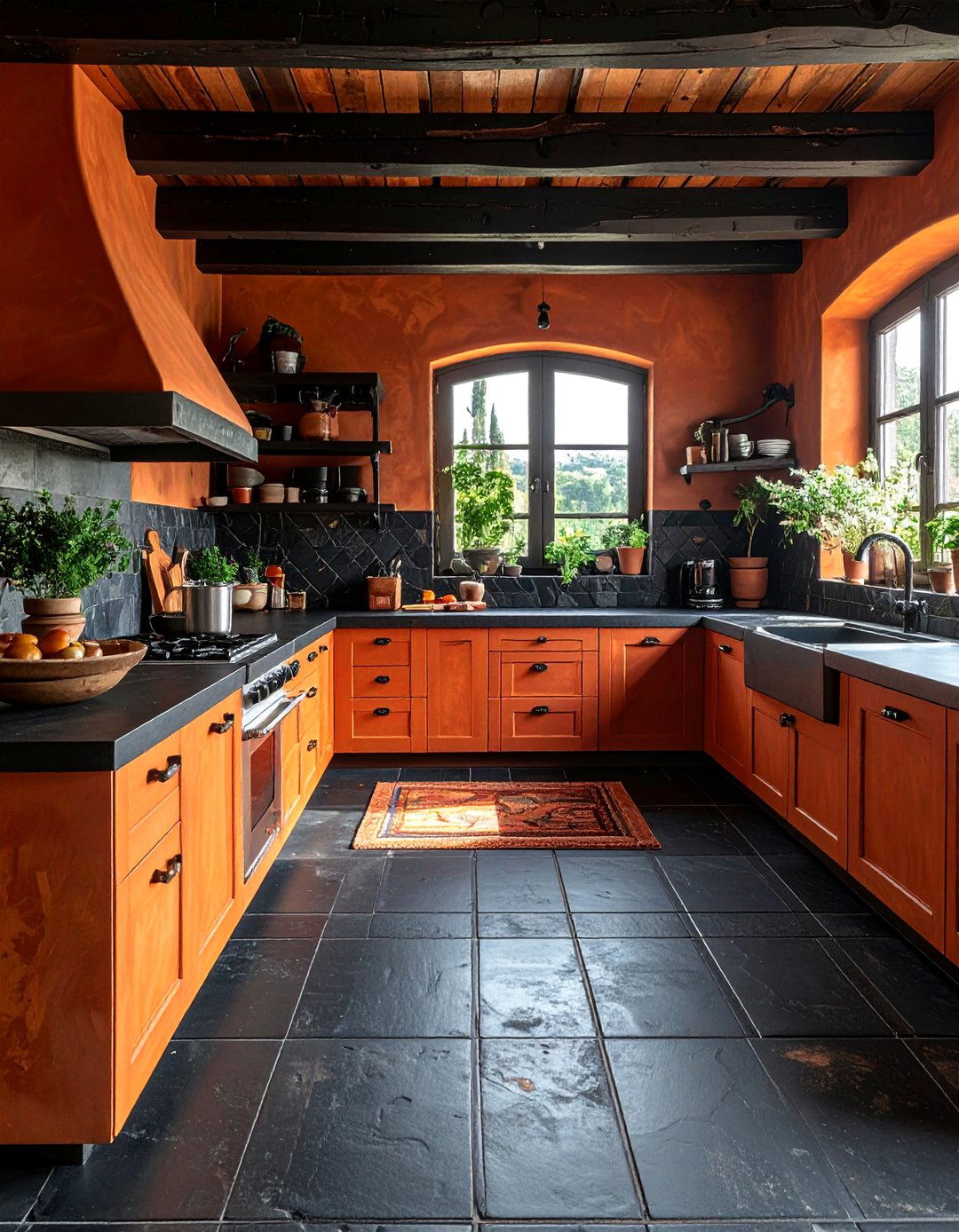 Black Terracotta Rustic Modern Balance - 20 Black Floor Kitchen Ideas for a Sleek and Modern Look