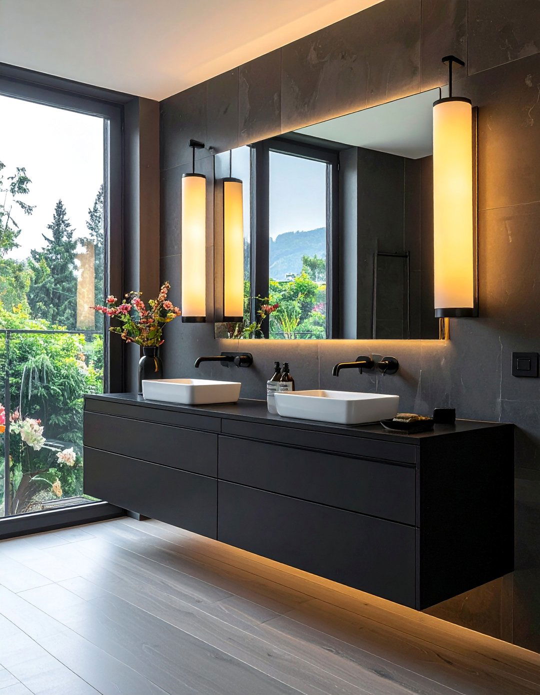 Black Vanity Complemented by Vertical Sconces - 20 Black Vanity Bathroom Ideas for a Modern Touch