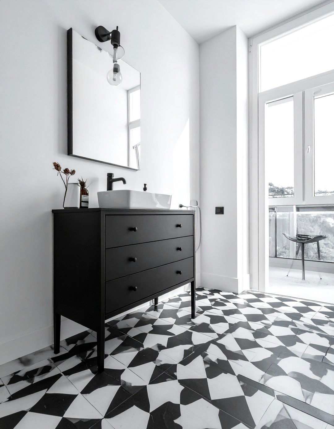 Black Vanity Paired with Patterned Floor Tiles - 20 Black Vanity Bathroom Ideas for a Modern Touch
