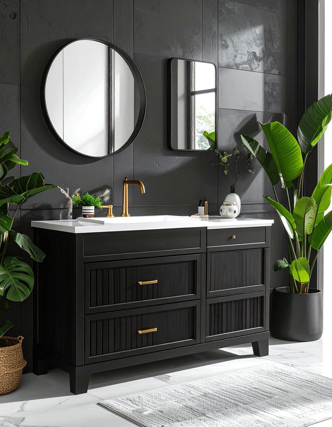 Black Vanity with Fluted Wood Detailing - 20 Black Vanity Bathroom Ideas for a Modern Touch