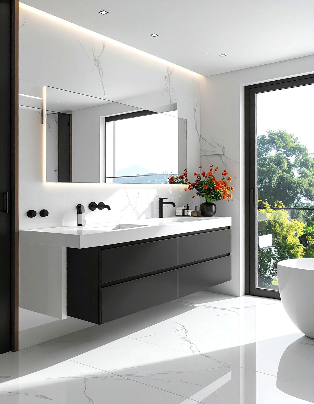 Black Vanity with a Thick Quartz Waterfall Countertop - 20 Black Vanity Bathroom Ideas for a Modern Touch