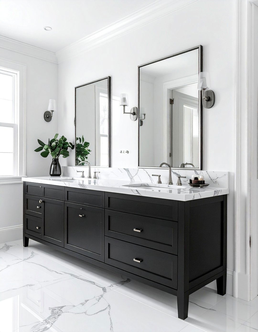 Black Vanity with a White Marble Countertop - 20 Black Vanity Bathroom Ideas for a Modern Touch