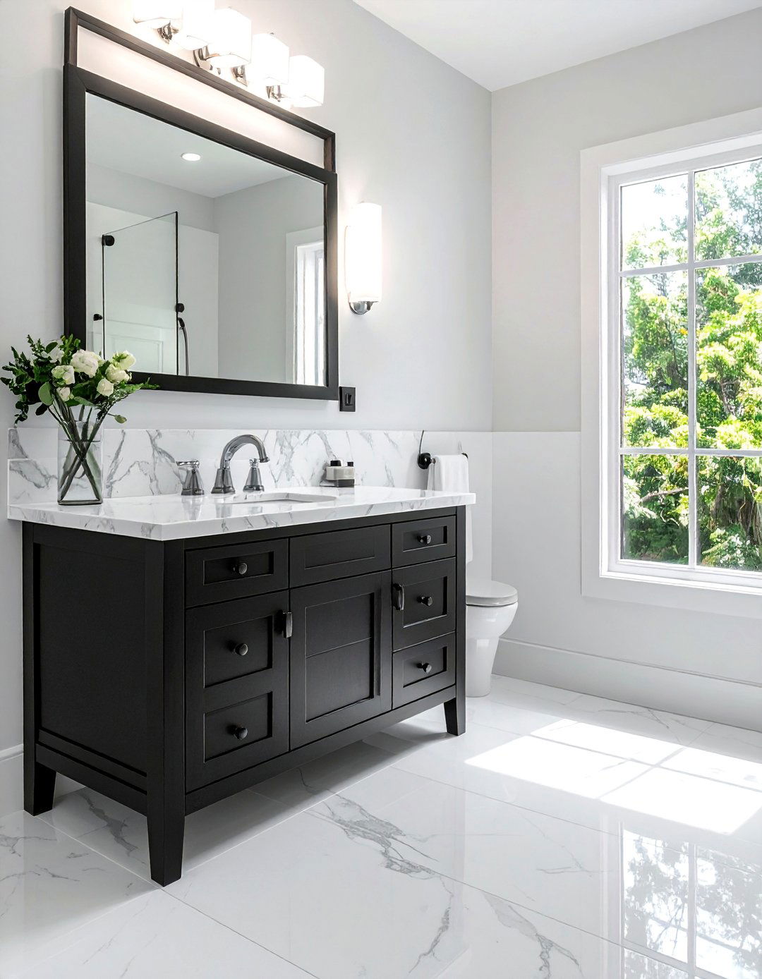Black Vanity with a White Quartz Countertop - 20 Black and White Powder Room Ideas for Modern Homes