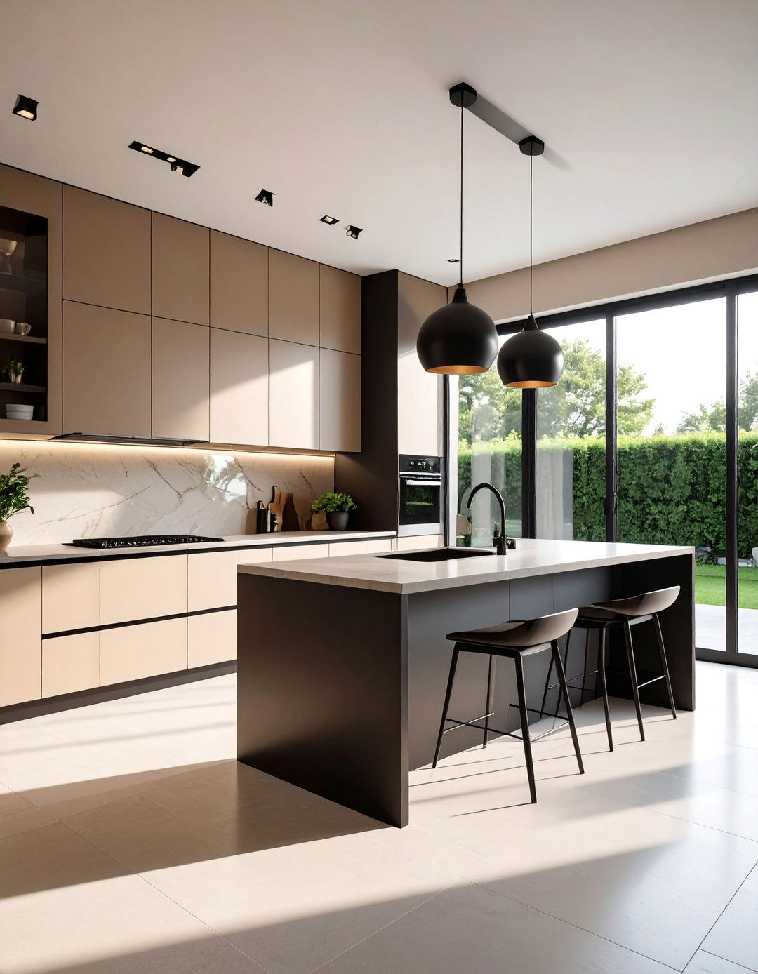 Black Window Frames in a Beige Kitchen - 20 Black and Beige Kitchen Ideas for a Timeless Design